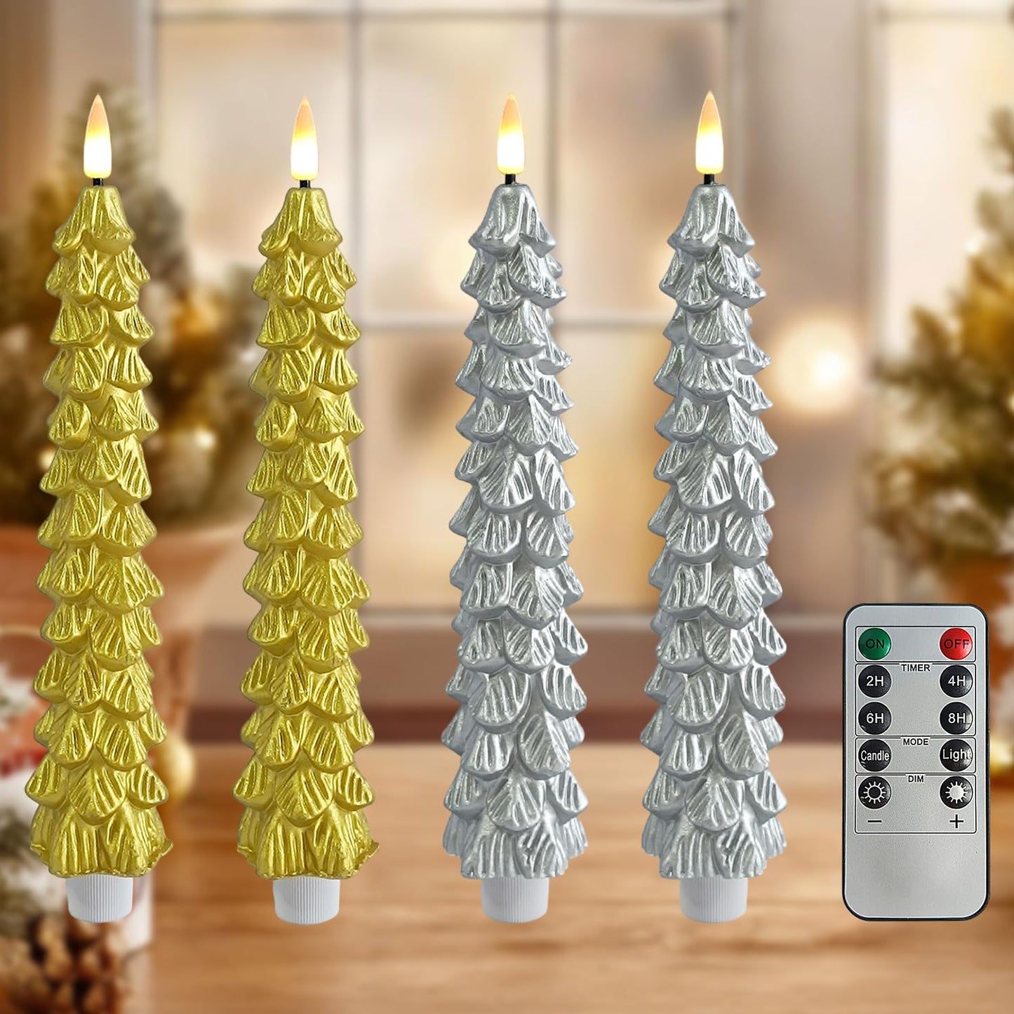 FCMSHAMD Golden & Silver Christmas Trees Flickering Flameless Candles with Remote and Timer, Real Wax 3D Flame Wick LED Candles, 9.8 Inch Battery Operated Candles for Christmas Home Decoration，4PCS