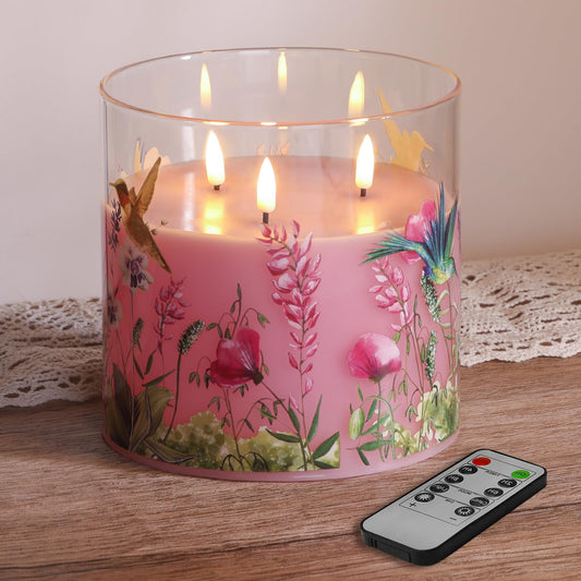 Girimax 3 Wick Pink Hummingbird Glass Flameless Candle with Remote, Large 6x6 inch LED Pillar Candle Battery Operated Flickering Spring Home Decor Gift