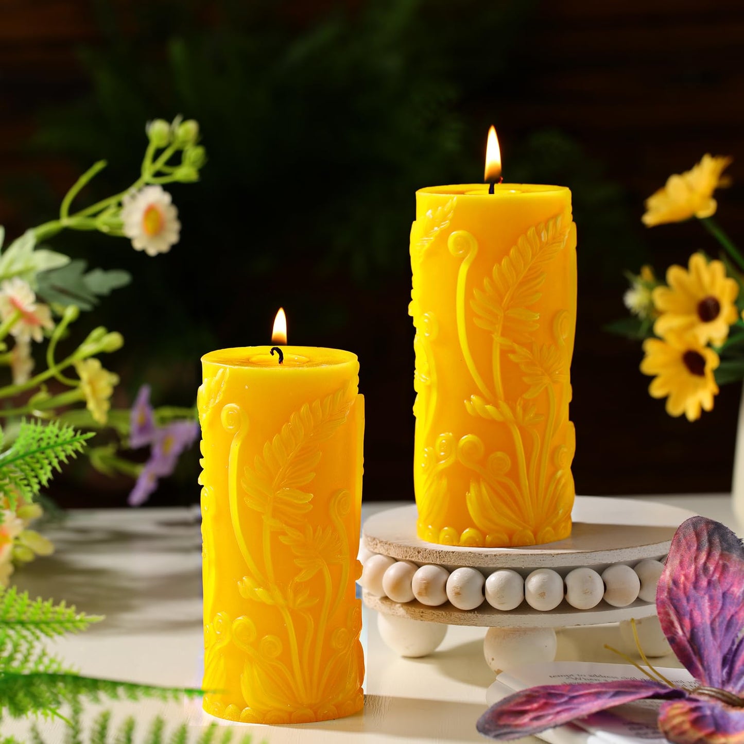 Conelist 2 Pcs Beeswax Pillar Candles Yellow Pillar Candles with Floral Carved 4.6x2.1 Inch 100% Natural Beeswax, Long Burning Gift Wedding Home Decor