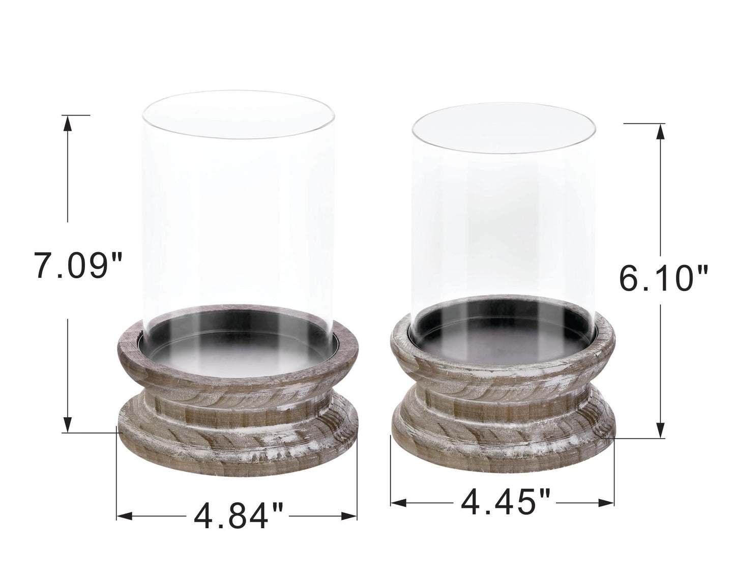 Set of 2 Glass Hurricane Candle Holders for Pillars with Florence Style Solid Wooden Base Crafted from Pine in Distressed Brown, Farmhouse Candlestick Holder, Centerpiece for Home, Table, Mantel