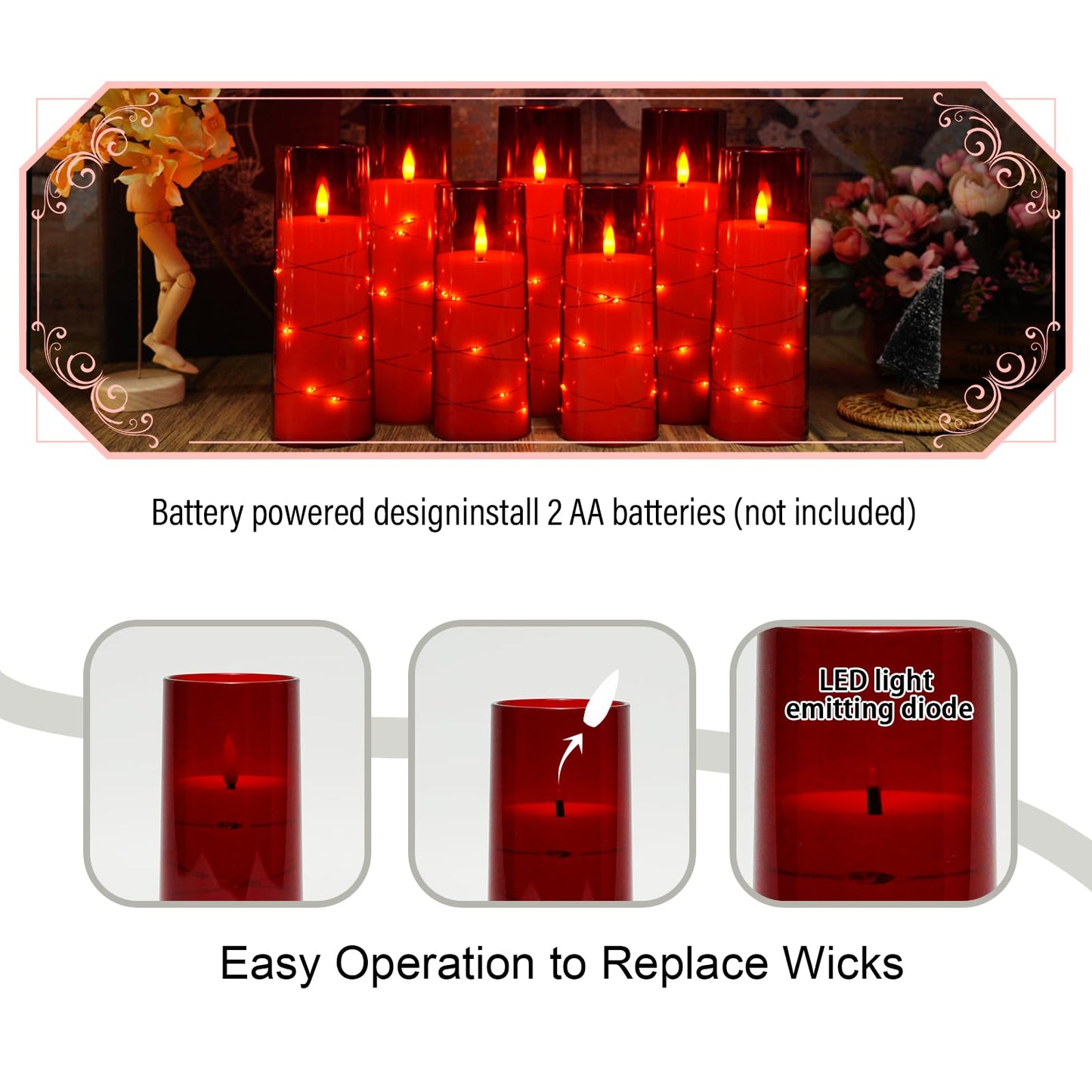 Eebuss Flameless Candles with Embedded Star String, Battery Operated LED Pillar Candles with Timer and Remote Control,Home Decorating for Ambiance， Set of 7 (Red)