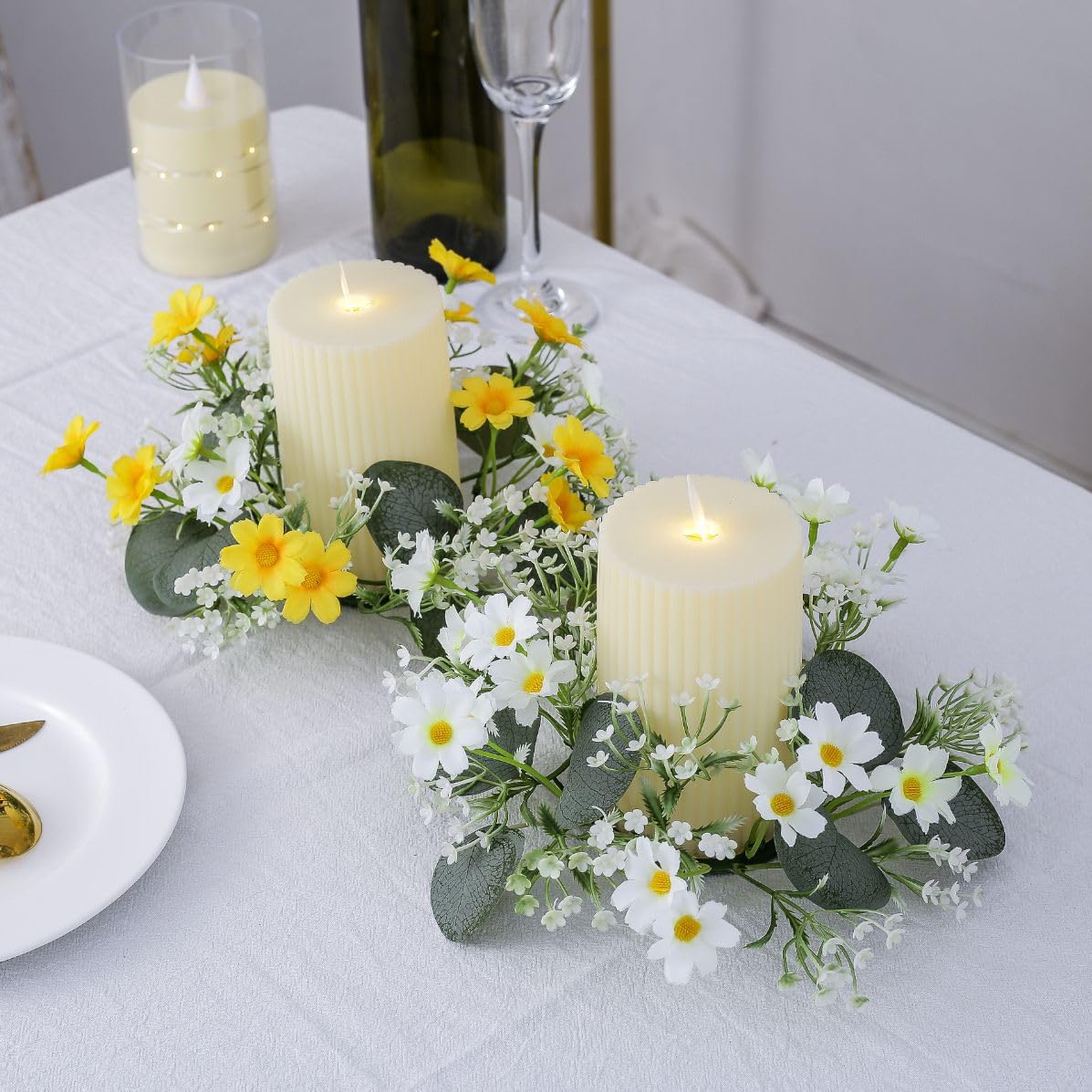2 Pcs Candle Rings Wreaths,Artificial Daisy Flowers with Green Leaves Flower Candle Rings Candleholders Garland for Pillar Centerpiece Party Table Decor,3inch Center Diameter (White)