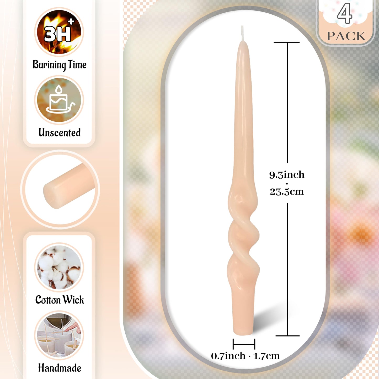 FLAMMUL Gradient Orange Spiral Taper Candles 9.5 Inch Handmade Long Candlesticks Smokeless Unscented Twisted Candle Sticks for Home Decor Weddings 4 Pcs