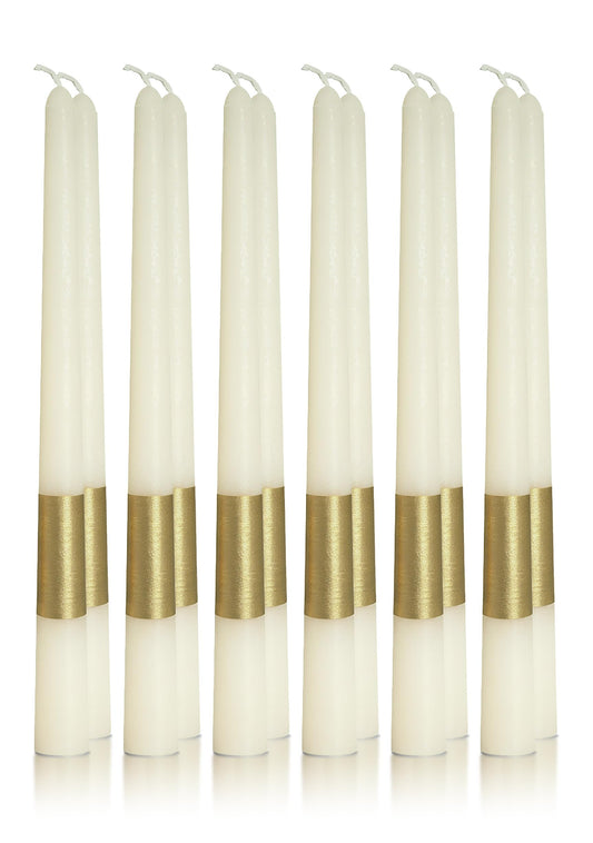 Homeology 10" Classic Taper Candles, Gold Stripe, Ivory, 12-Pack, 7-8 Hours Long Burning, Unscented Tall Candlesticks