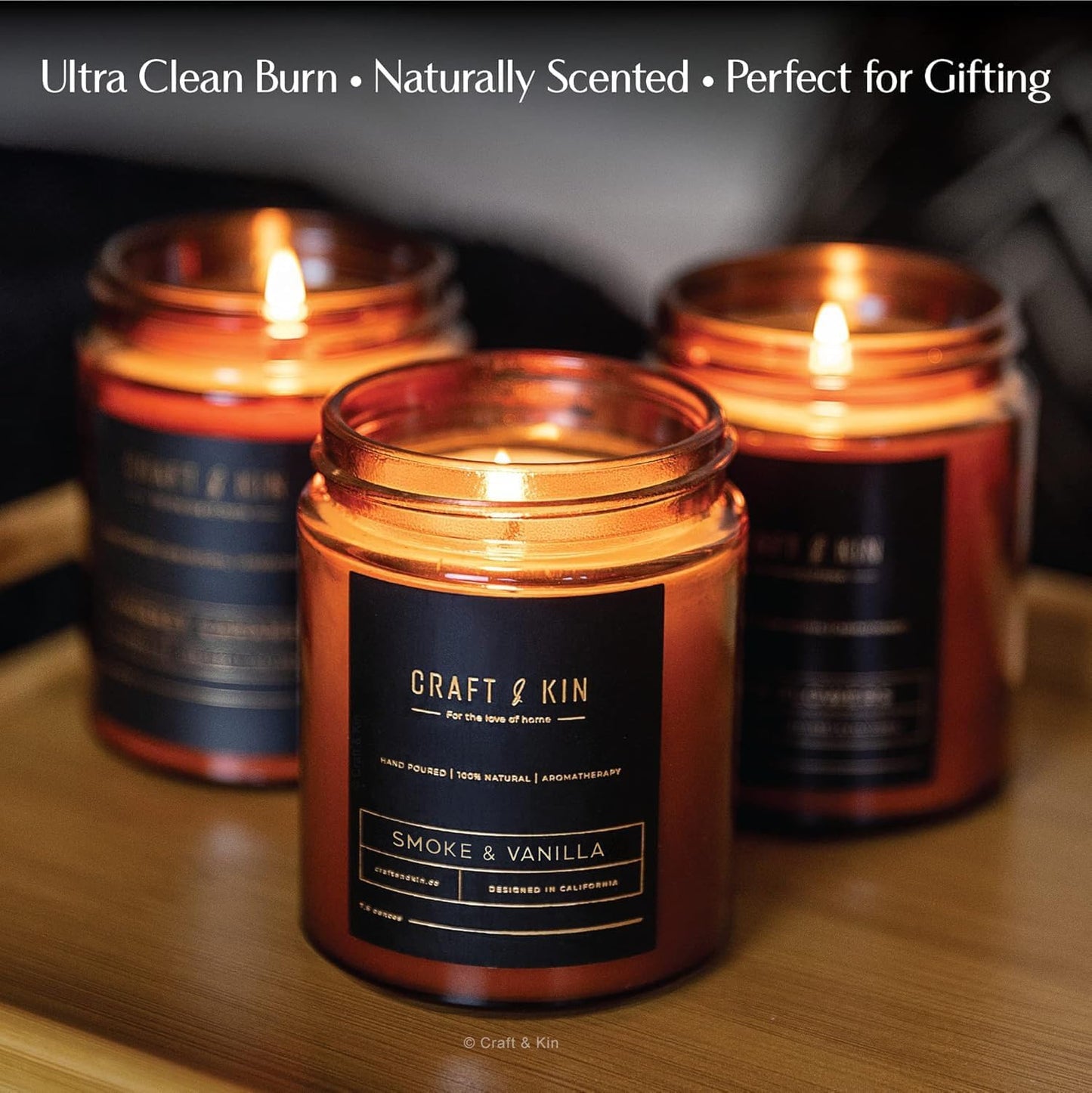 Craft & Kin Scented Candles for Men | Premium Smoke & Vanilla Candle for Home | All-Natural Scent | Long Lasting Winter Candles, 45-Hour Burn Time, 8oz