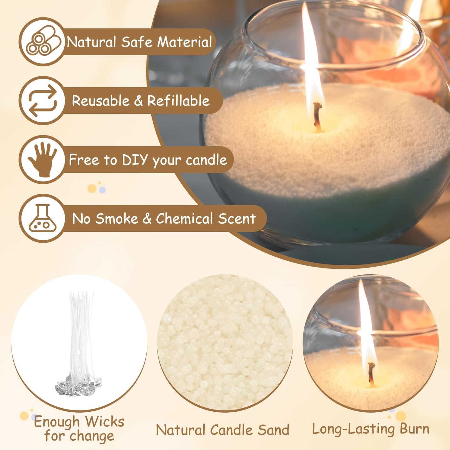 MECCANIXITY Pearled Sand Candles with 50 Pcs Wicks 21Oz / 600g Candle Beads Refillable Powder Sand Wax Making Kit for Thanksgiving Christmas Wedding Party DIY Home Crafts, Beige