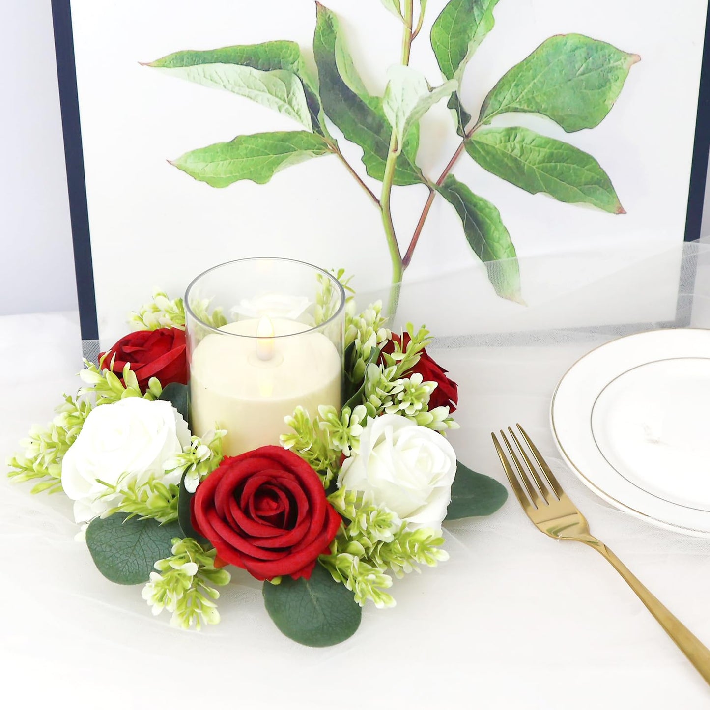 Acmee Crimson Rose Candle Rings with Flameless Candles Sets - 12PCS Artificial Flower Eucalyptus Wedding Centerpiece 3 Inch Pillar Candleholders Wreaths for Wedding Party Decor (Crimson - 6 Sets)