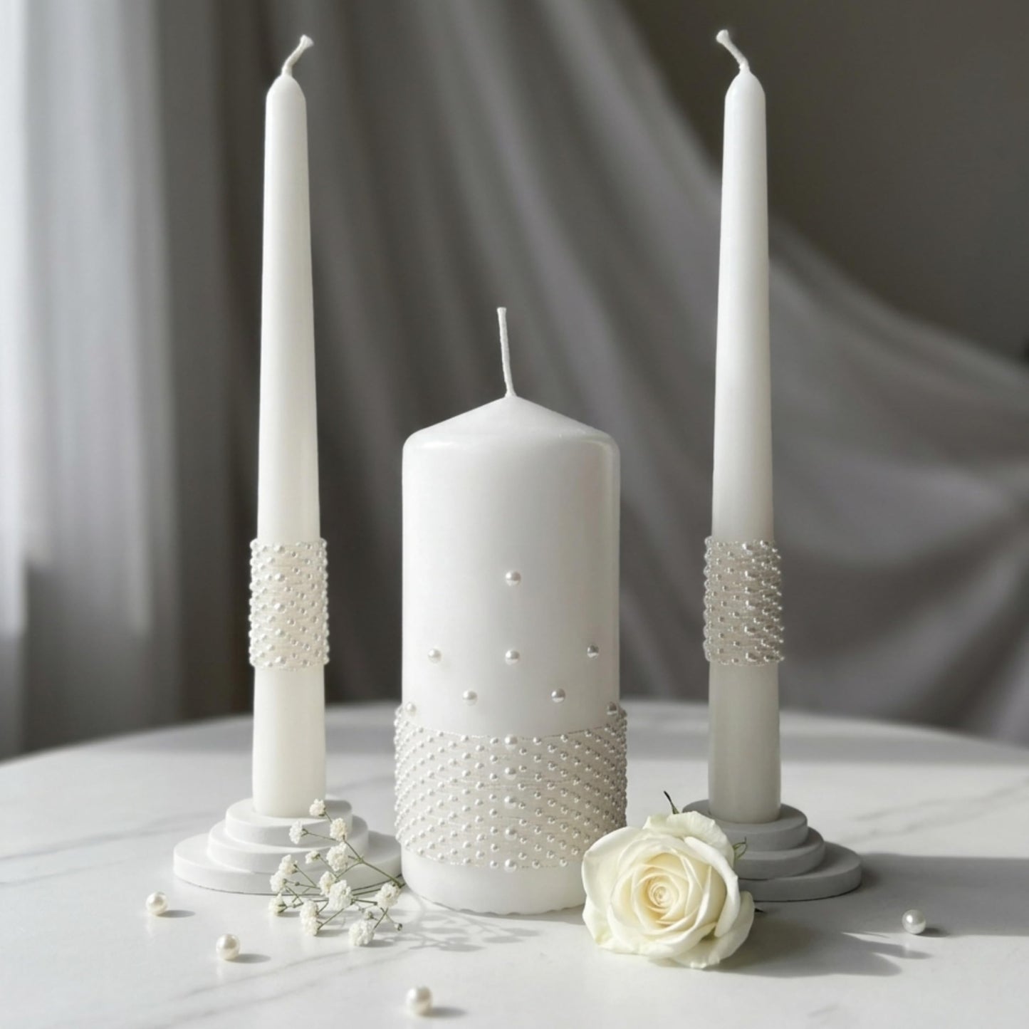 Magik Life Unity Candle Set - Wedding Ceremony & Reception Candle– 6” Pillar & Two 10” Taper Candles – Long Burning Unity Candles for Marriage Ritual – Handmade in USA – White |Pearls| Luxury