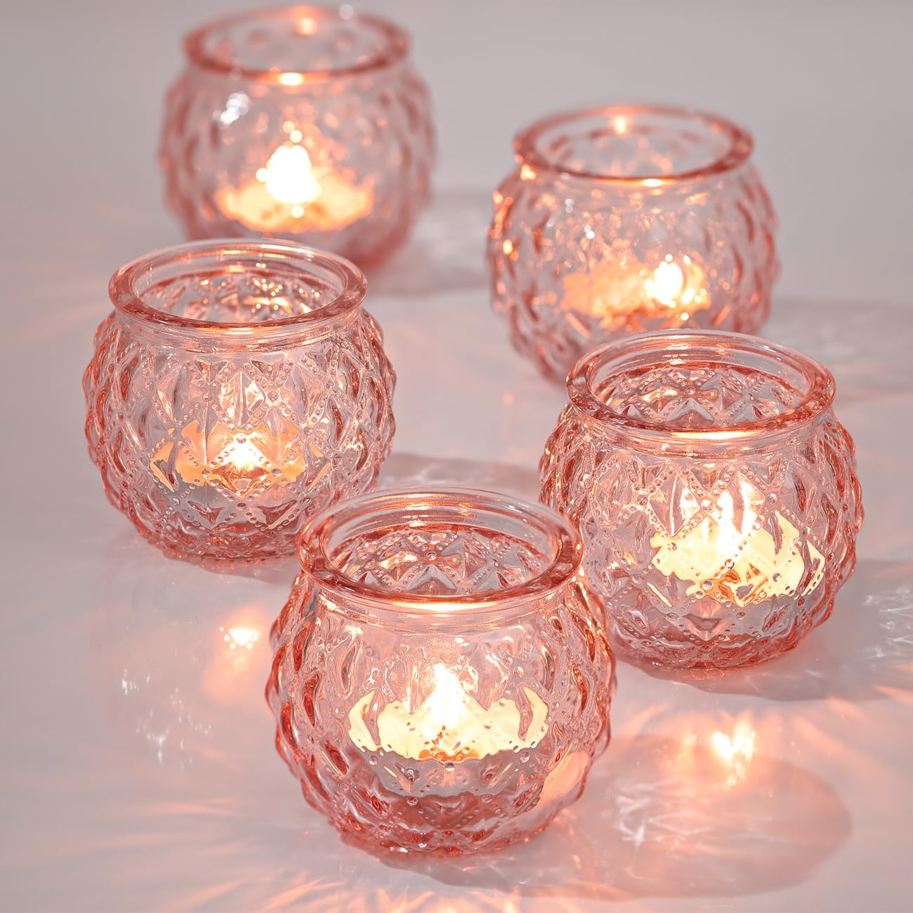 DARJEN Pink Votive Candle Holders Set of 24- Round Glass Candle Holders Bulk for Flameless LED Tea Waxes, Romantic Candle Holder for Wedding & Home Table Decor, Various Parties