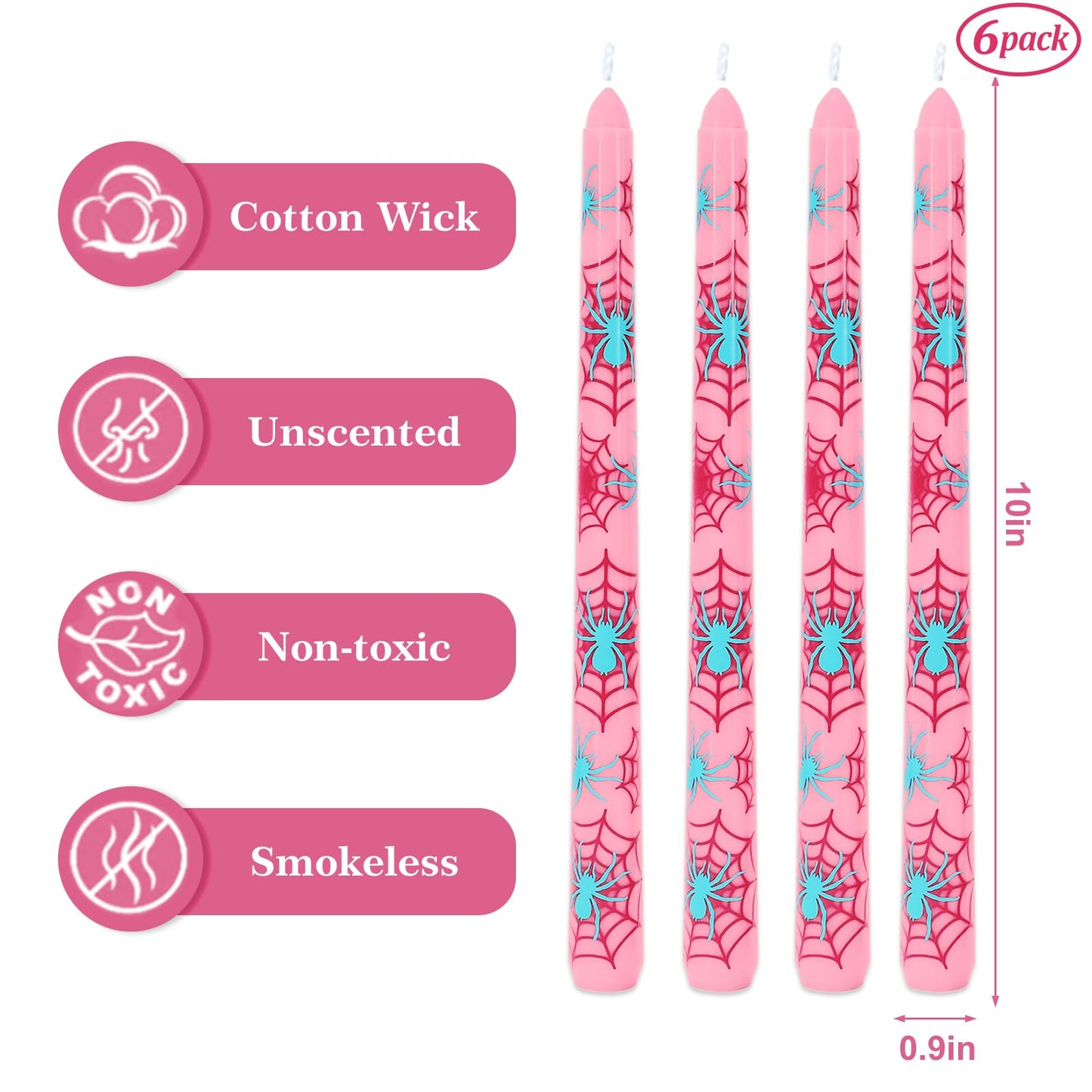 JarThenaAMCS 6Pcs Pink Spider Taper Candles 10 Inch Spider Web Birthday Decorative Candles Long Unscented Candle Sticks for Birthday Halloween Party Decor
