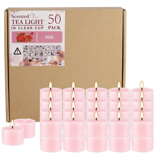 Wfmolcand Rose Scented Candle Tealight Candles in Clear Cup, 8 Hours Consistent Smkless Clean Burning, Great for Valentine's Day Holiday, Wedding, Spa, Emergency and Home Decoration（Pink，50 Pack）