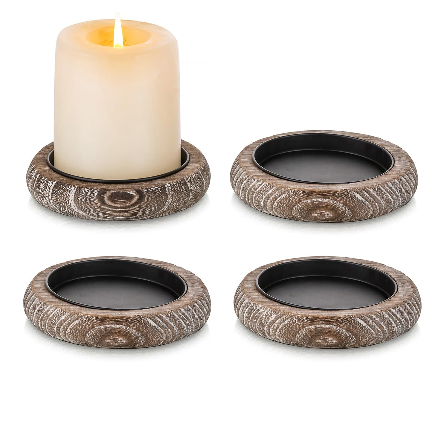 Romadedi Wood Candle Holder Farmhouse Decor - Pillar Candle Holders for Table Centerpiece Small Tray Riser Set of 4 Round Wooden Plate Pedestal Stand for Coffee Table Home Living Room, Whitewash