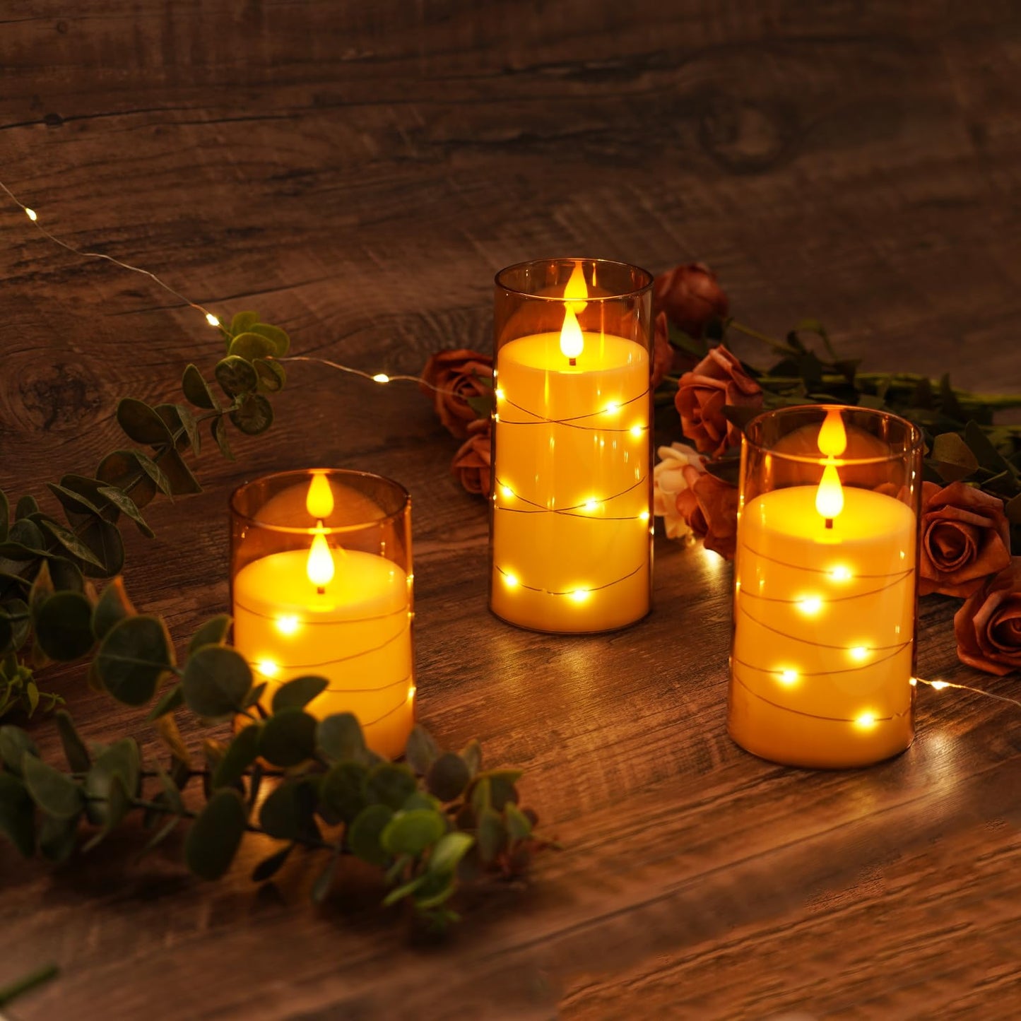 Amagic Flameless Candles 3 Set, Flickering Battery Operated Candles Embedded Fairy String Light, Realistic Pillar Candle with Remote Control and Timer, Acrylic Amber Gold, D3 x H4 5" 6"