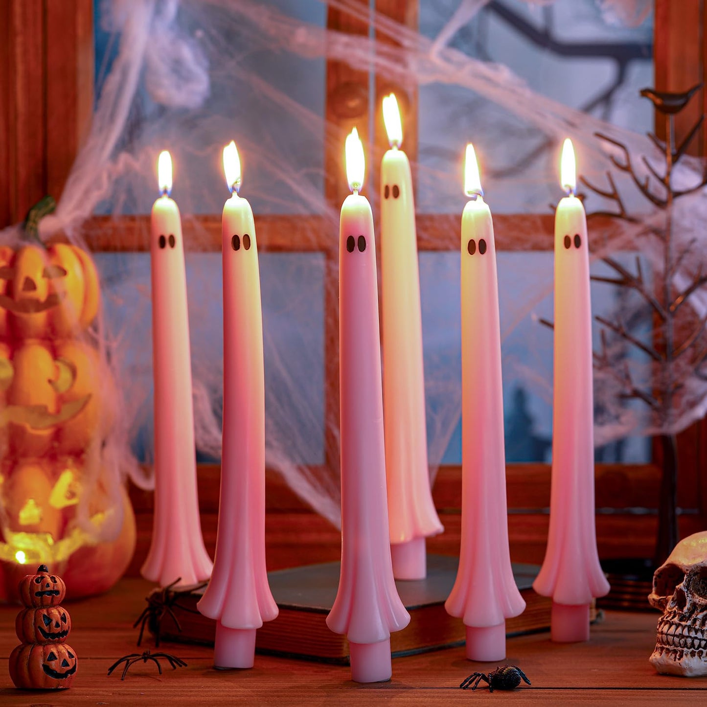 Conelist 6 Pcs Halloween Ghost Taper Candles Bulk Cute Pink Spooky Candles Decorations Halloween Ghost Shaped Decor for Party Favor Home Table Centerpieces Fireplace Festival Kitchen