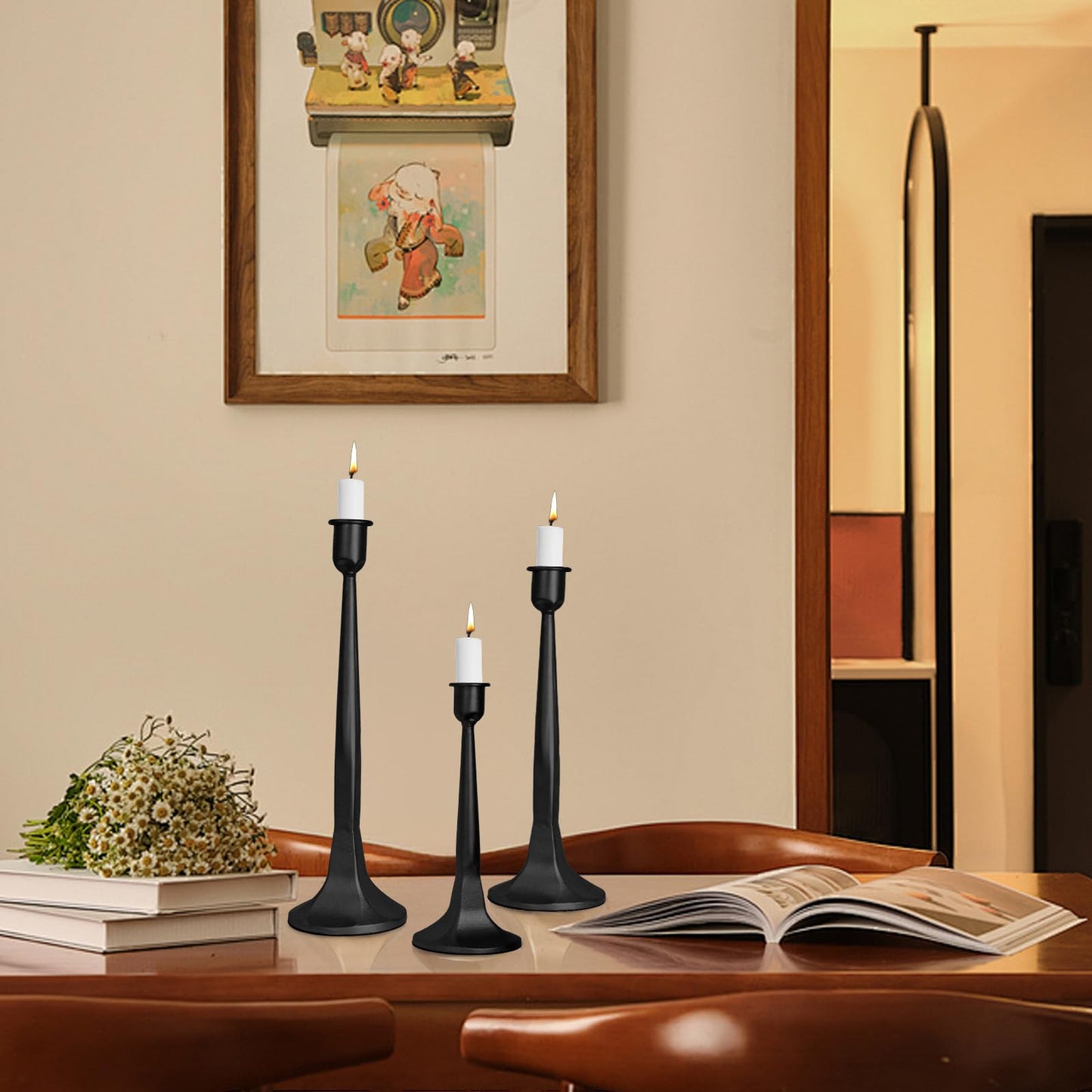 Iron Taper Candle Holders Set of 3, Black Metal Candlestick Holders for Taper Candles, Tall Decorative Candle Stands for Wedding Centerpieces, Dining Table, Mantel & Home Decor (Black, 12" 14" 15.5")