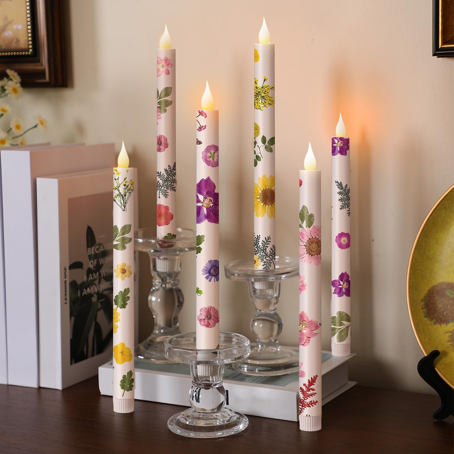 Nuanchu 6 Pcs Mother's Day Floral LED Flameless Taper Candles 10.6 Inch Pastel Dried Flower Flameless Candles Battery Operated Candlestick for Home Wedding Garden Summer Party Decoration