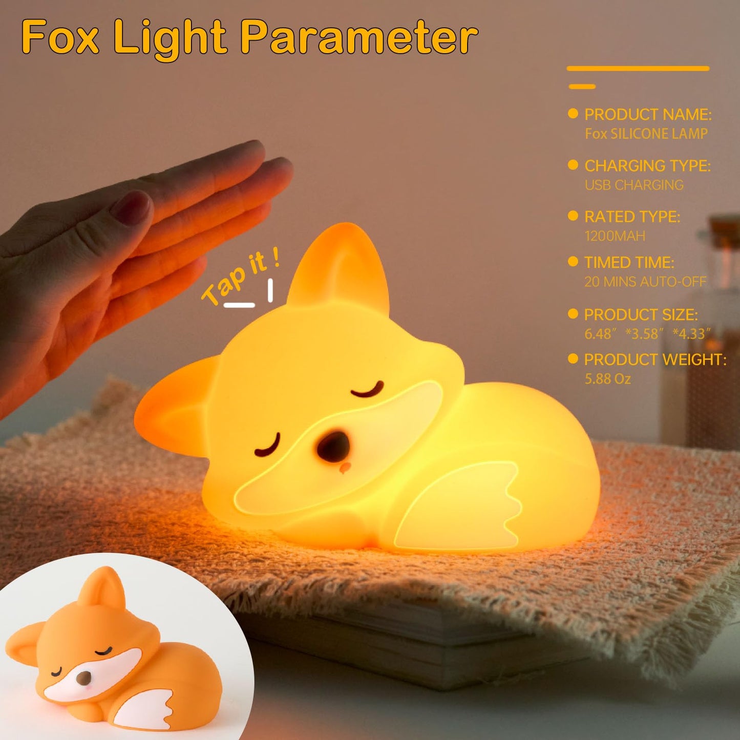 Fox Lamp, Fox Cute Night Light Gifts, Rechargeable Bedside Nightlight, Dimmable Squishy Silicone Animal Touch Lamp, Baby Room Decor, Small Night Light for Kids Teens Boys Girls Lovers