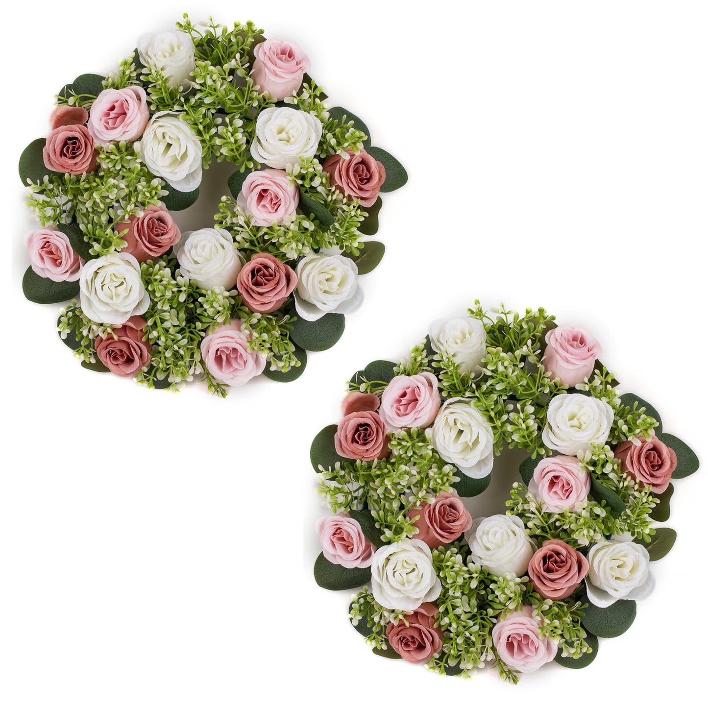 NUPTIO Flower Candle Rings for Centerpieces: 13.4 Inch Artificial Rose Wreath for Wedding Party Christmas - Dusty Rose & White Wreaths for Spring Summer Front Door Porch Table Decor 2 Pcs