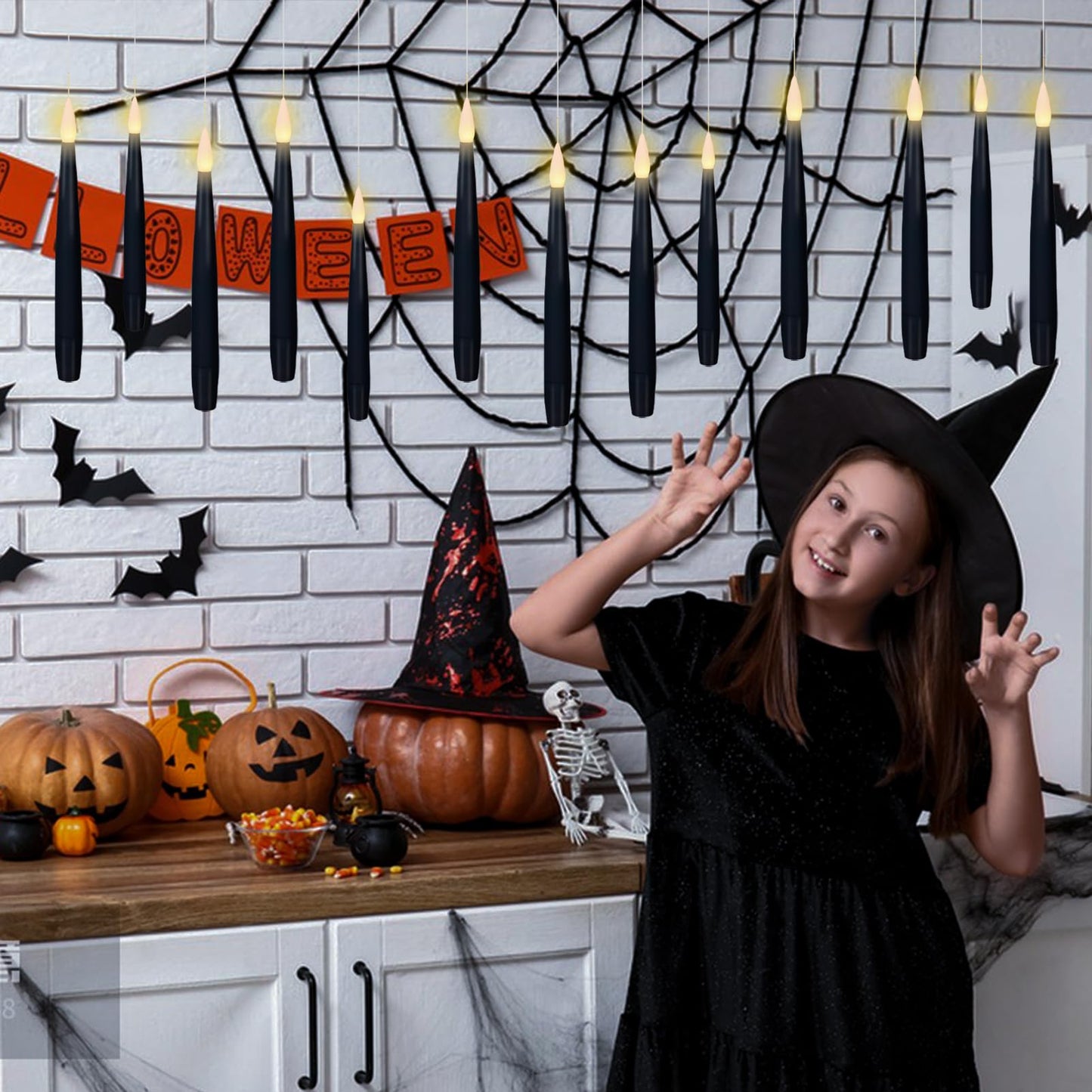 KunSwenn Black Floating Candles with Wand, Set of 22 Hanging Candles with Fishing Line, LED Flameless Halloween Taper Candle Battery Operated, Floating Halloween Decorations for Spooky Home Decor
