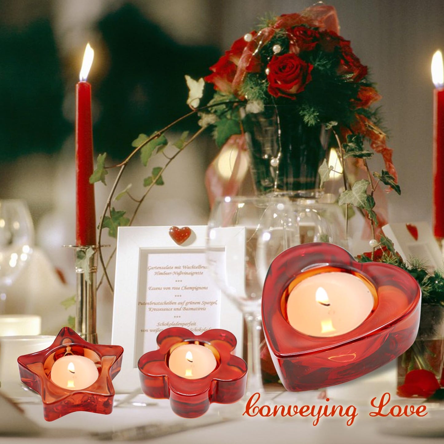 Red Votive Candle Holders Set of 12, (3 Sizes,Heart/Flower/Star) Glass Tealight Candle Holders Bulk for Wedding Table Centerpiece,Birthday Party,Valentines Day,Christmas Decorations,Home Decor(Red)