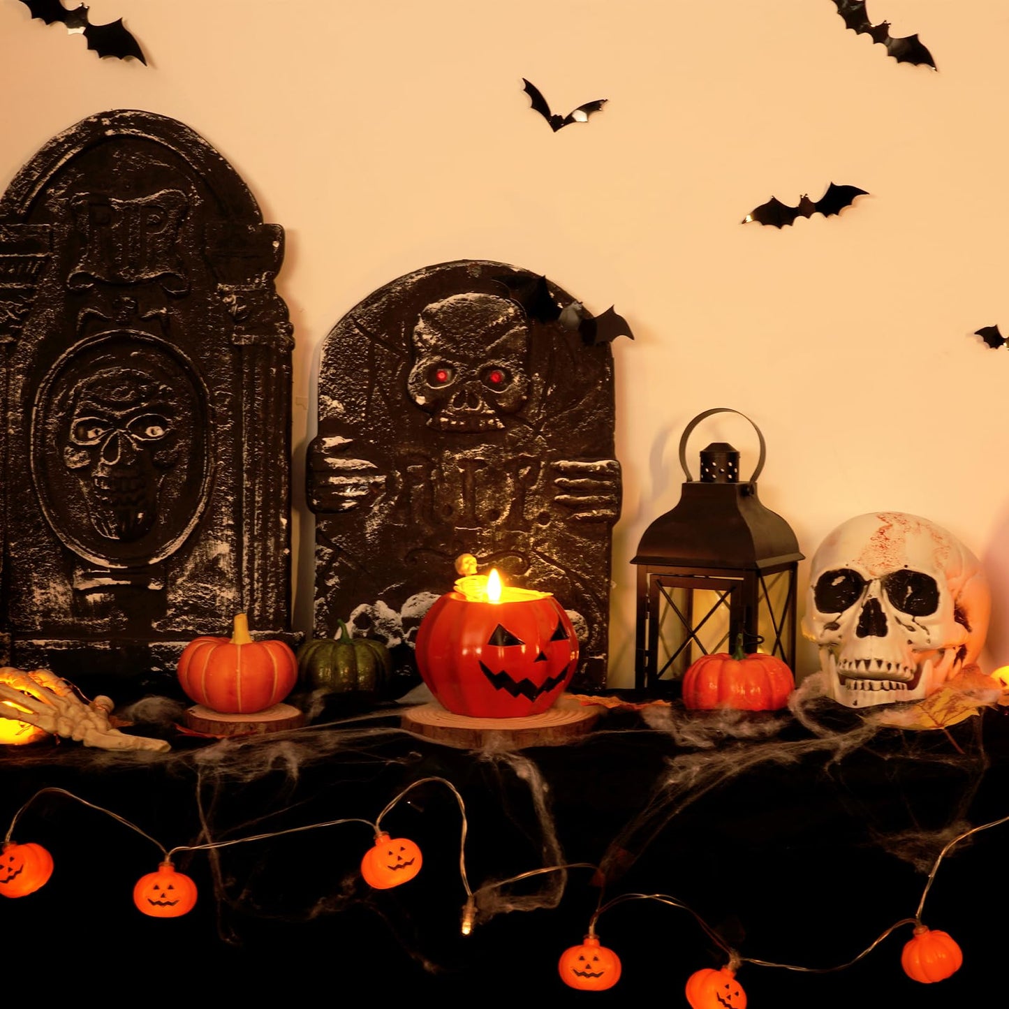 Halloween Decor-Flameless Pumpkin Candles, Real Wax Halloween Skeleton Candles, Flickering Battery Operated Candle with Remote for Gothic Party, Holiday Gift, Home Decor Indoor