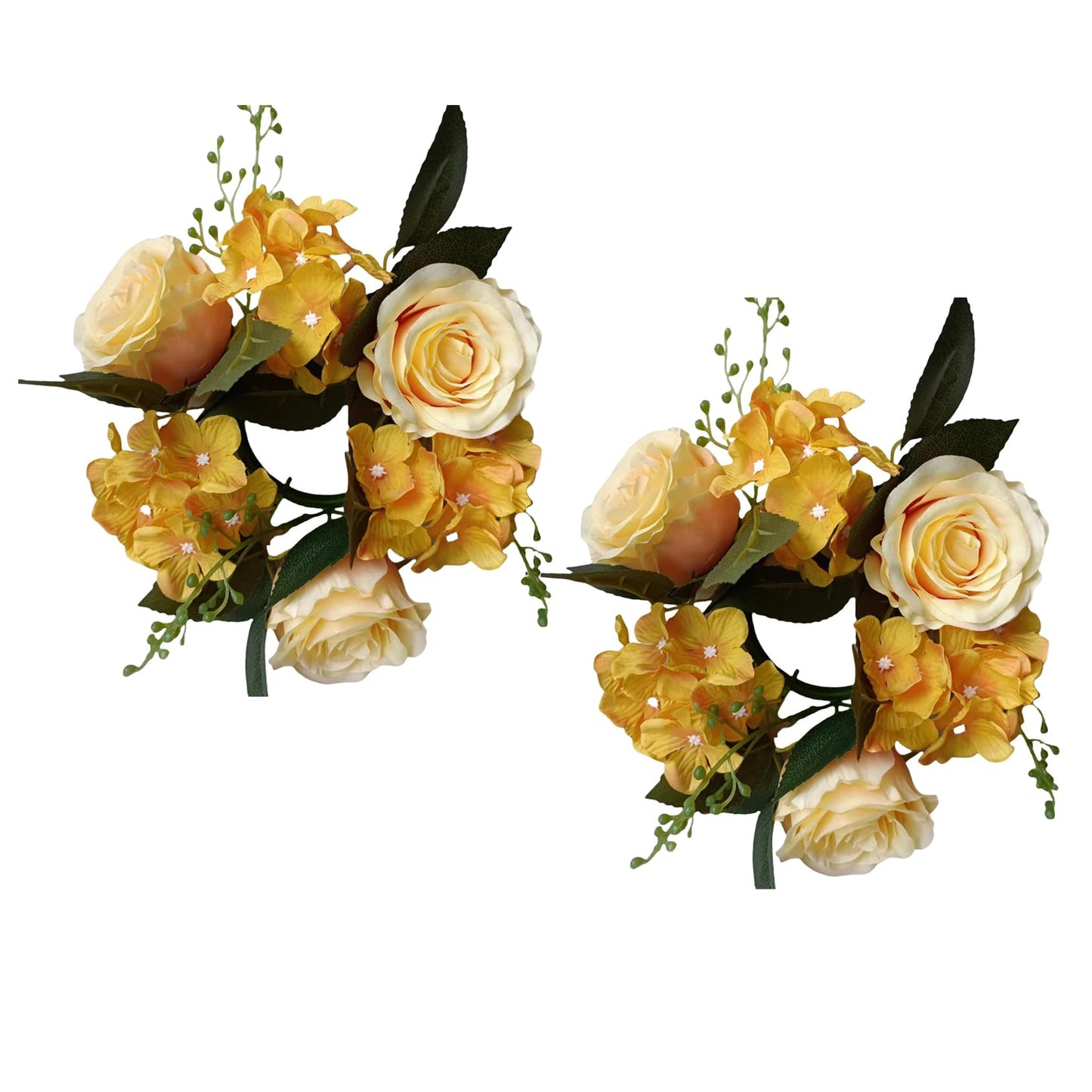 2PCS Artificial Roses Candle Rings Wreaths 4 Inch Center for Pillars Wedding Centerpiece Table Decorations Fake Rose Eucalyptus Leaves Floral Candle Ring for Holiday Party Supplies (Yellow)