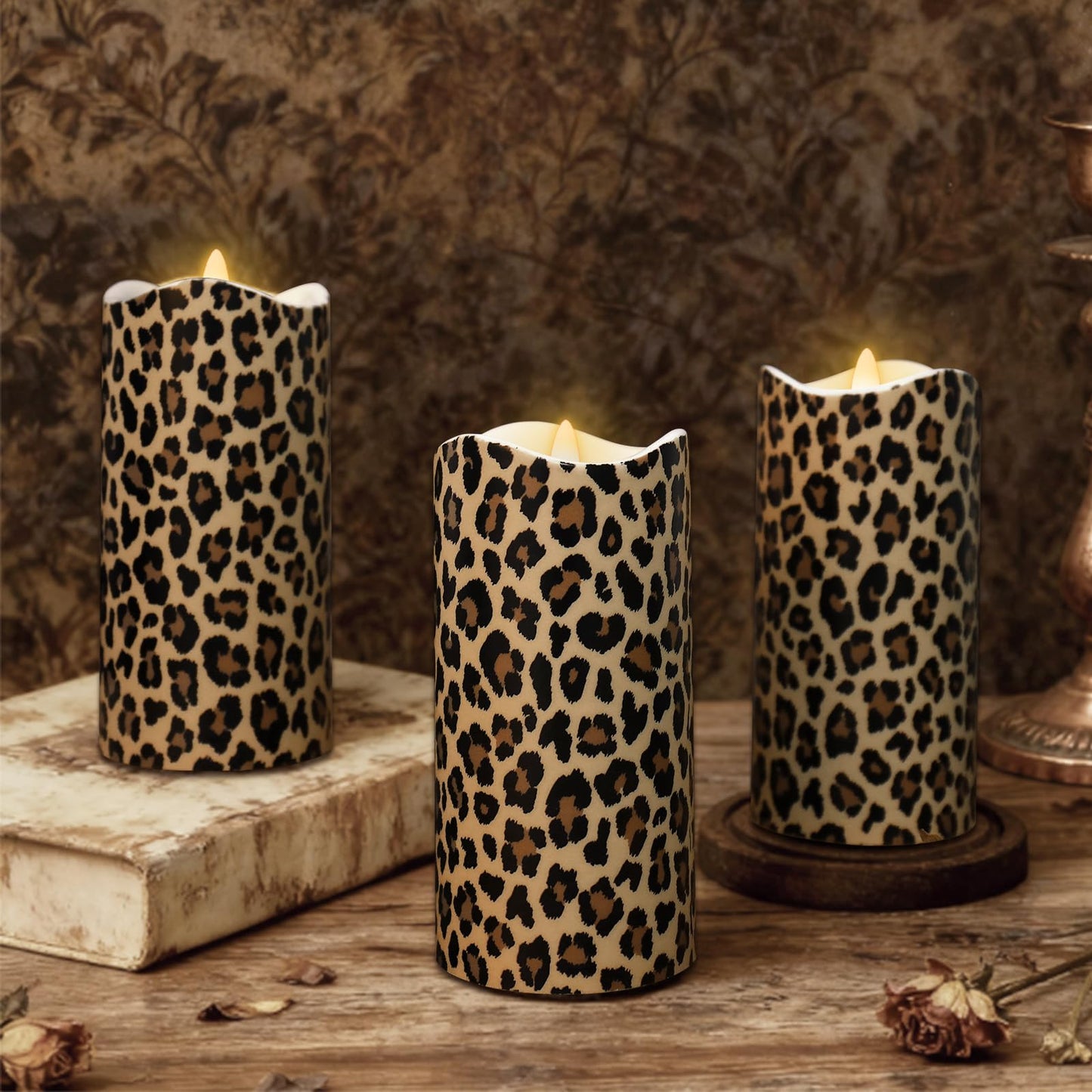 Whaline 3 Pcs Cheetah LED Flameless Candles Leopard Print Battery Operated Pillar Candles for Wedding Party Home Table Decor
