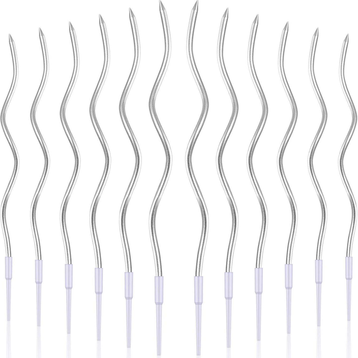 BBTO 12 Pcs Twisted Birthday Candles Spiral Metallic Cupcake Thin Long Cake Candles with Holders for Birthday Wedding Party(Silver)