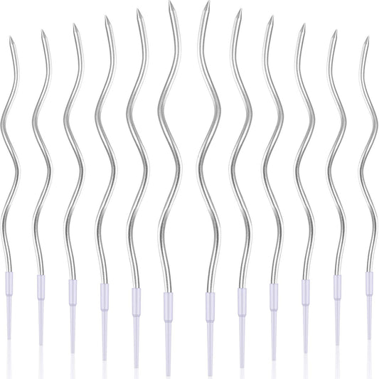 BBTO 12 Pcs Twisted Birthday Candles Spiral Metallic Cupcake Thin Long Cake Candles with Holders for Birthday Wedding Party(Silver)