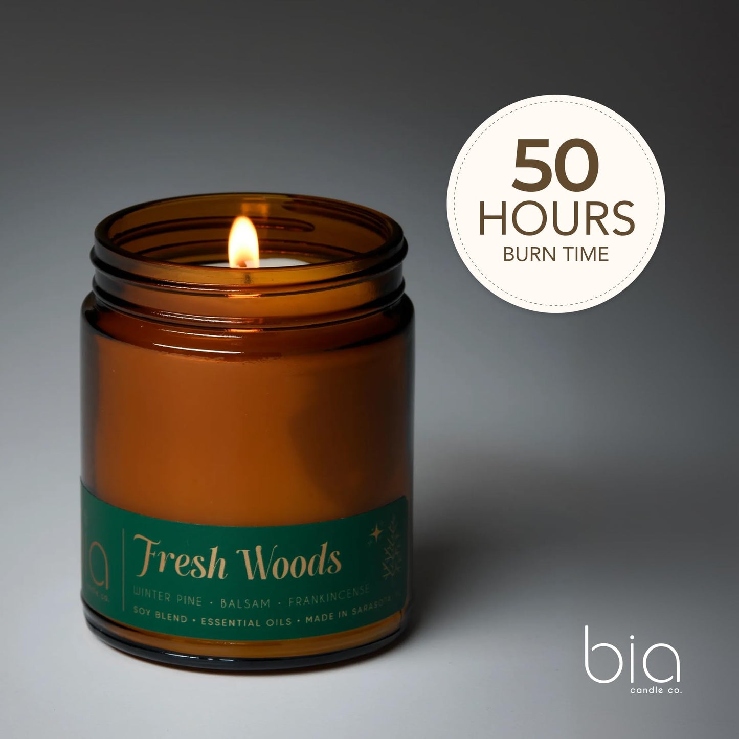 Bia Candle Co. Fresh Woods Green, Pine Balsam Spruce Cedar Soy Candle, High Fragrance Load, Lead-Free Wick, Reusable Glass Jar, Evergreen Candle, Woodland Scent, 7 oz
