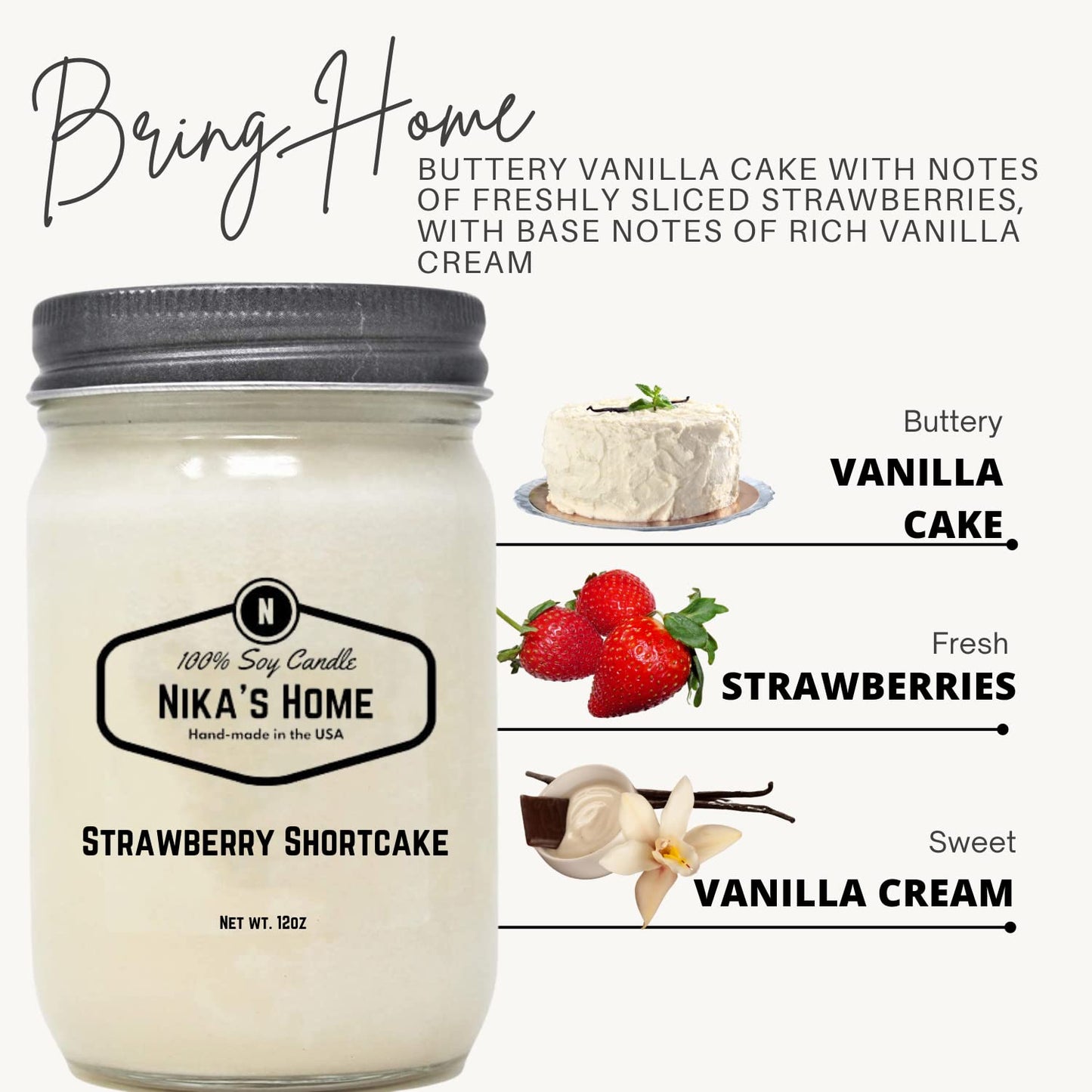 Nika's Home Strawberry Shortcake Soy Candle - 12oz Mason Jar - Non-Toxic - Hand Poured in The USA, Long Burning 50-60 Hours Highly Scented All Natural, Clean Burning