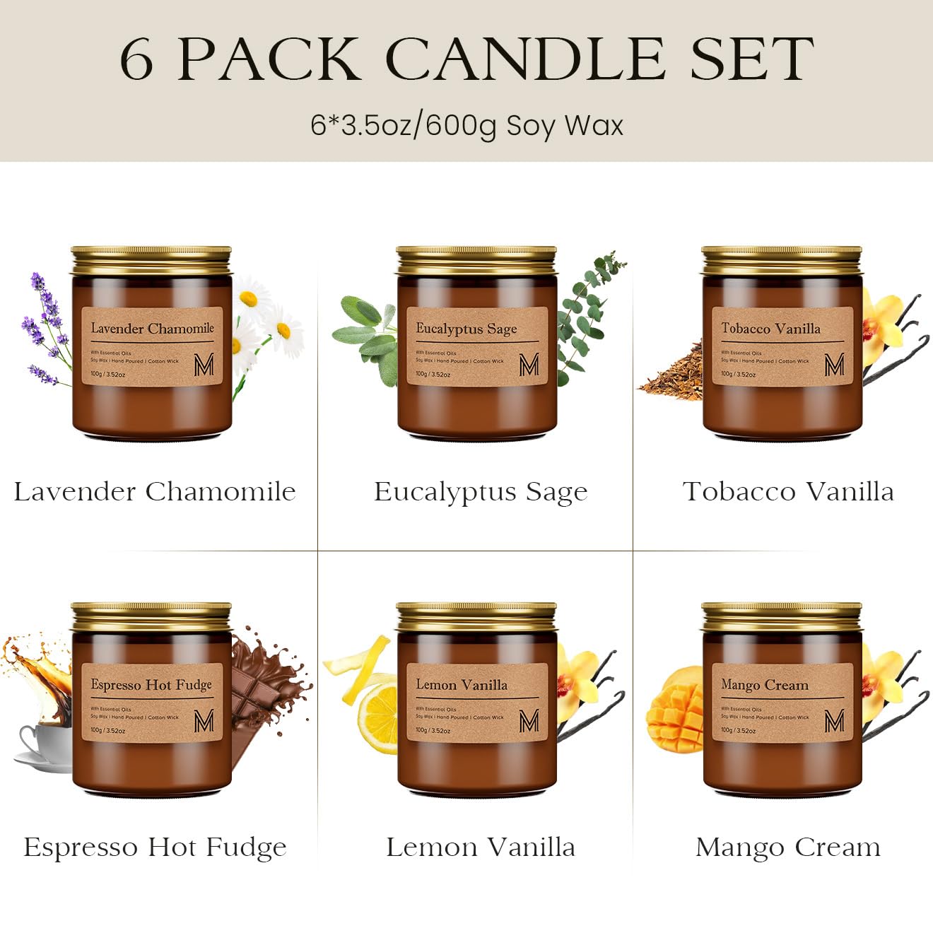 M&SENSE 6 Pack Candle Gift Set, Aromatherapy Scented Candle for Home Fragrance, Natural Soy Wax Candles for Stress Relief, Yoga, Long Lasting Small Jar Candle Gift Set for Birthday Housewarming