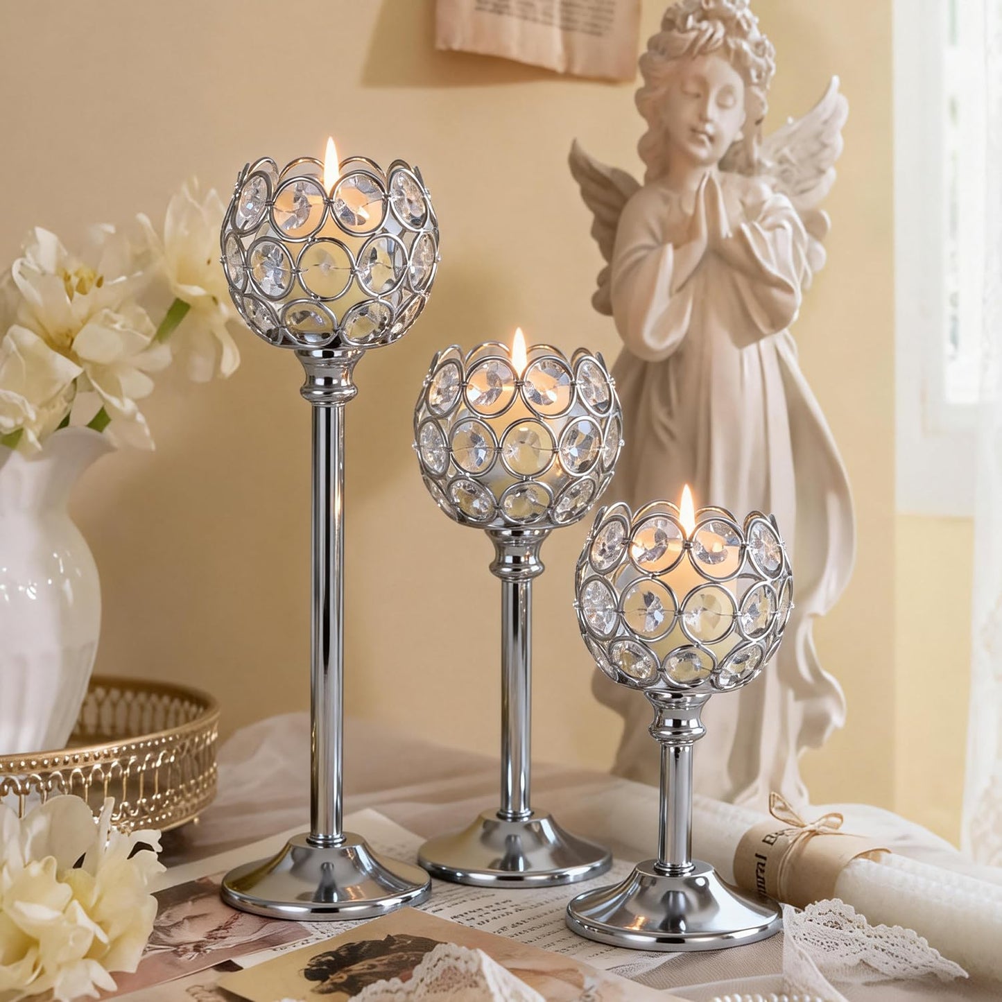 Oakernel Silver Crystal Candle Holders Candlestick Holders - 2 Sets Tall Bling Bowl Candelabra Centerpieces for Dining Table, Wedding, Party & Fireplace Mantel Decor,6Pcs