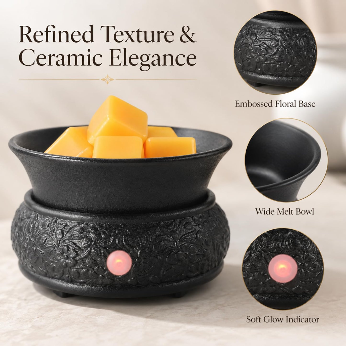 mocosa Wax Melt Warmer Ceramic Wax Warmer,3-1 Candle Wax Warmer for Scented Wax Burner Electric Wax Melter as Gifts for Moms Grandma Women Girls(Black)