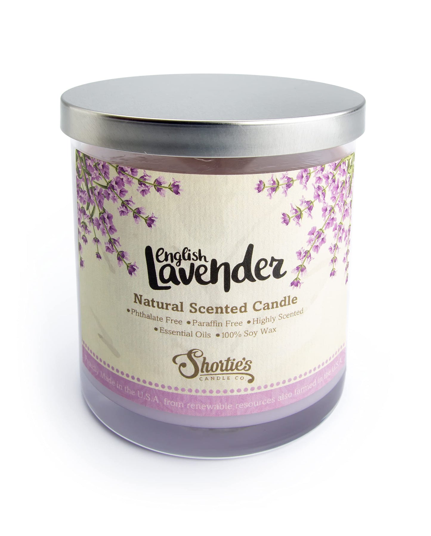 English Lavender Scented Natural Soy Candle, Essential Fragrance Oils, 100% Soy, Phthalate & Paraben Free, Clean Burning, 9 Oz.