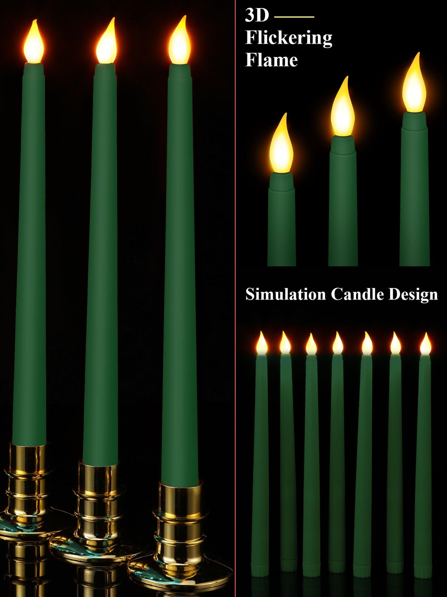 Funtery 48 Pcs Flameless LED Taper Candles Battery Operated Candles Bulk Realistic LED Candlesticks Flickering for Wedding Church Graduation Party Home Decor(Green,Classic Style)