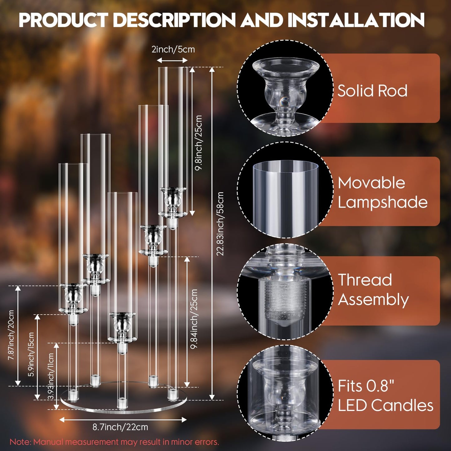2 Set 5 Arm Acrylic Candle Holder, Mjkeomo 22'' Tall Candelabra Centerpieces for Tables, Candlesticks Holder with Lampshade for Housewarming Gift Fireplace Dinner Decor Fit 0.82'' LED Candle