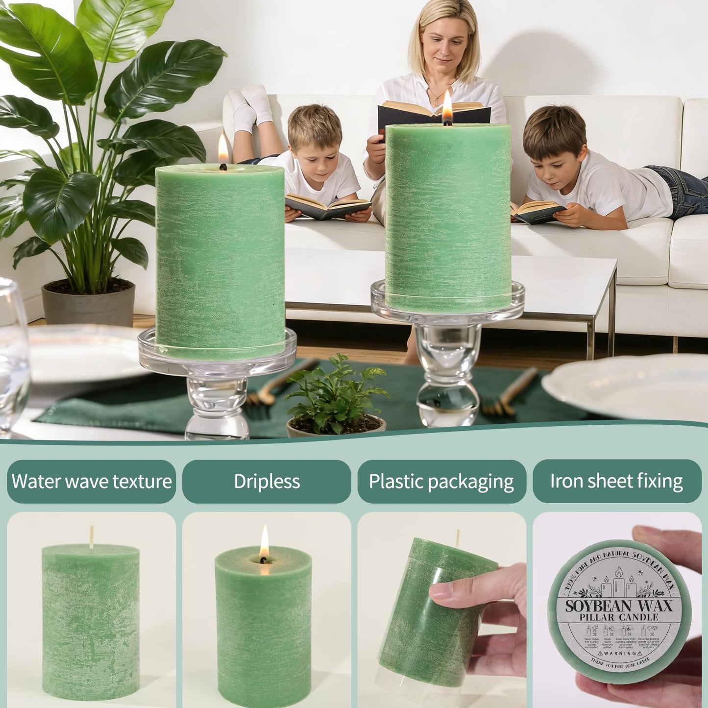 6 Pack Sage Green Soy Pillar Candles - 330H Total Burn Time - 2.8x4” Rustic Textured Natural Wax- Smokeless & Clean Burning Unscented Hand-Poured Candles for Spring Home, Modern Farmhouse Decor