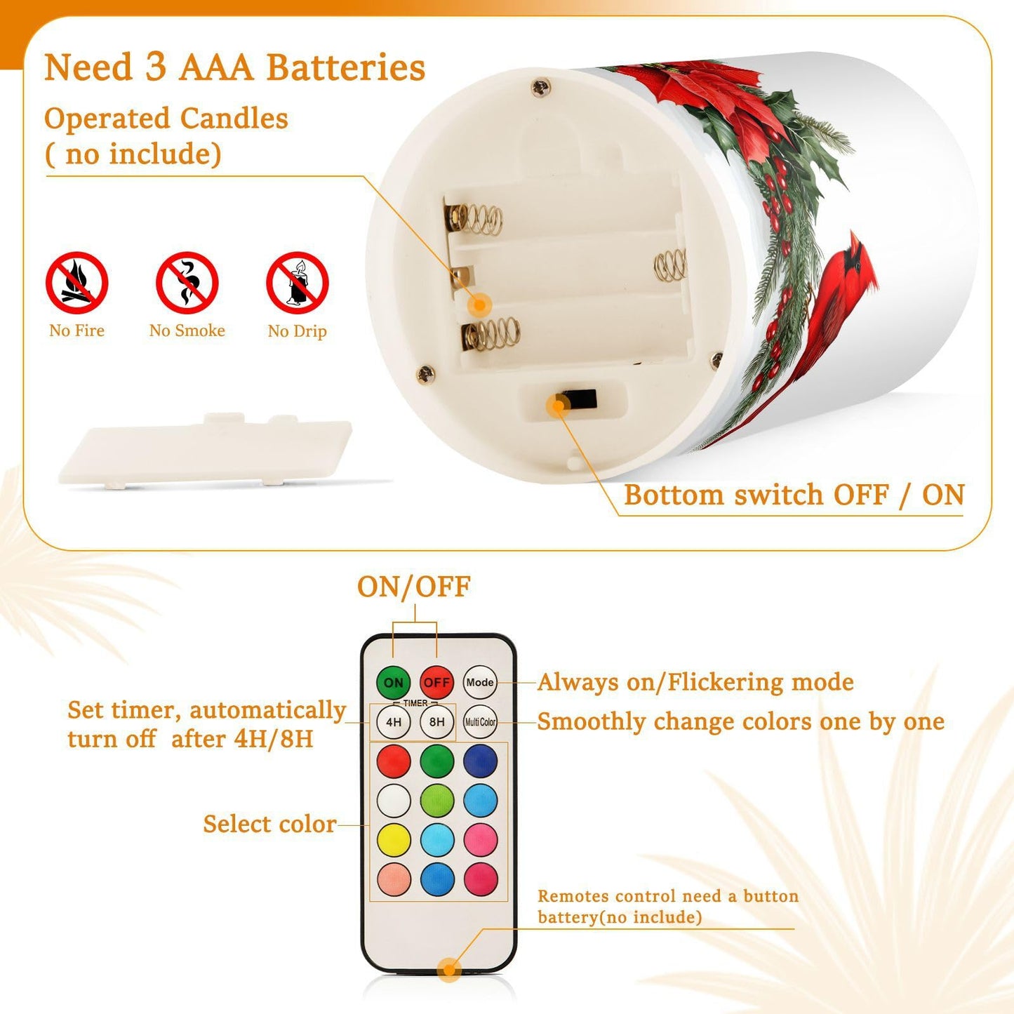 ALAZA Christmas Lantern Red Bird Poinsettia Flowers Flickering Flameless Candles Battery Operated with Remote Timer,Tea Light Candles LED Pillar Votive Candles Set of 2 for Outdoor Indoor Decorations