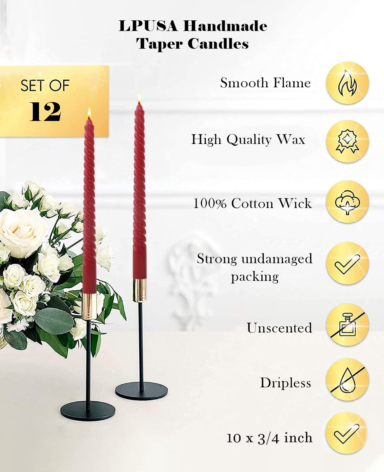 LPUSA Burgundy Taper Candles Red Spiral Candle Sticks,Unscented Dripless Long Candlesticks for Christmas Holiday,Wedding and Fall Decoration,10inch,12 Pack,E