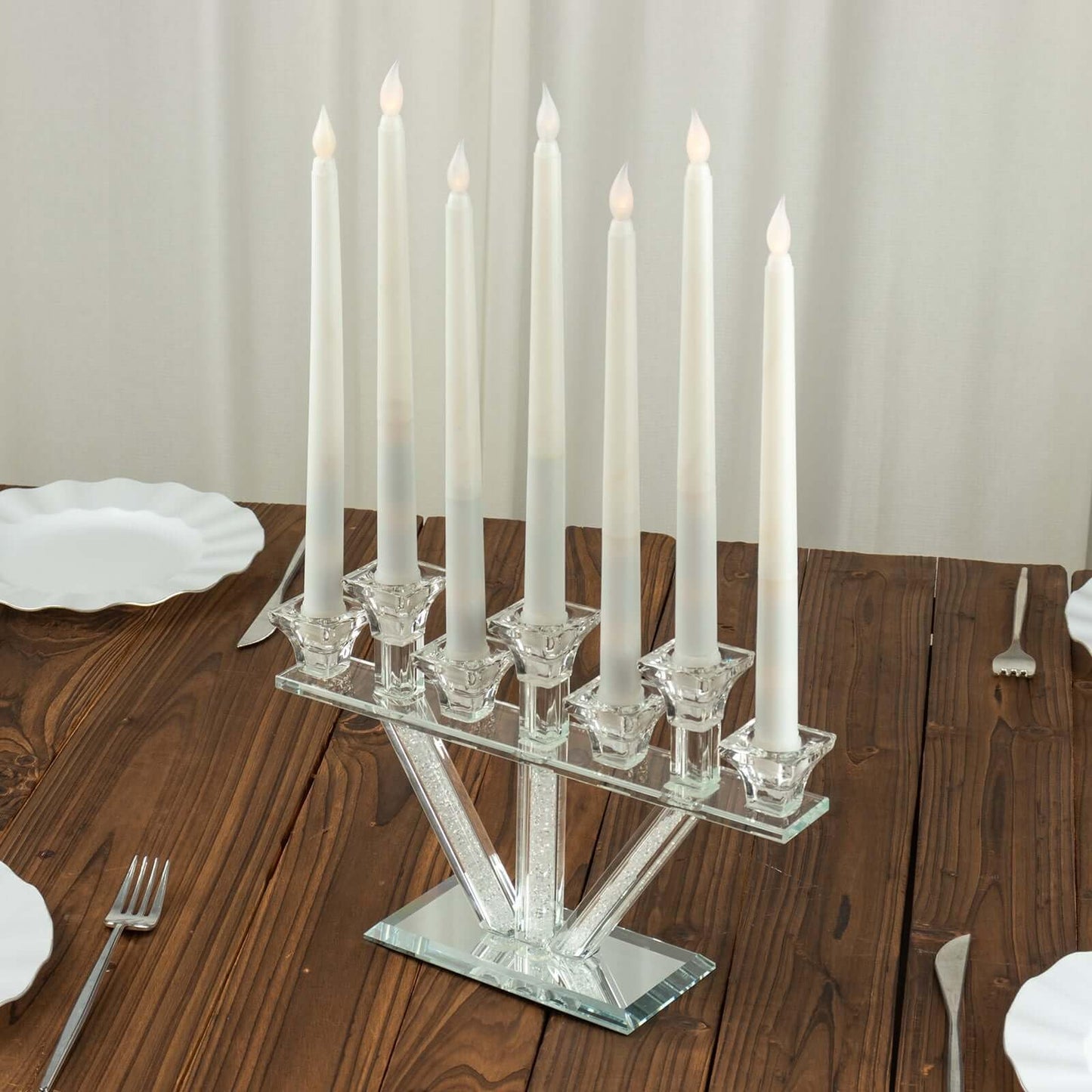 Efavormart 12" Crystal Glass Candelabra with Crystal Filler, 7-Branch Taper Candle Stick Holder Stand with Mirror Rectangular Base