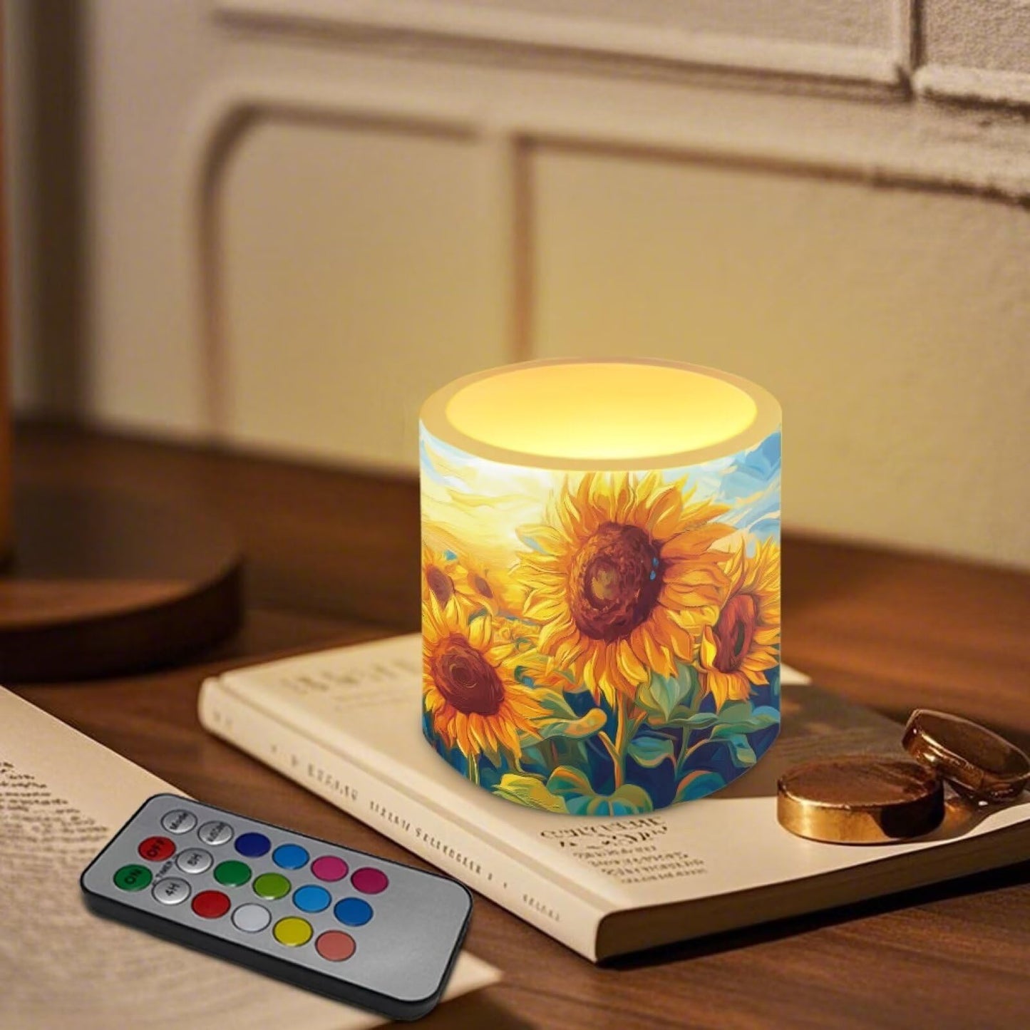 Cozeyat Sunflower Flameless Candles 4 Pack Battery Operated with Remote Control Timer LED Pillar Candles Waterproof for Indoor Outdoor Use