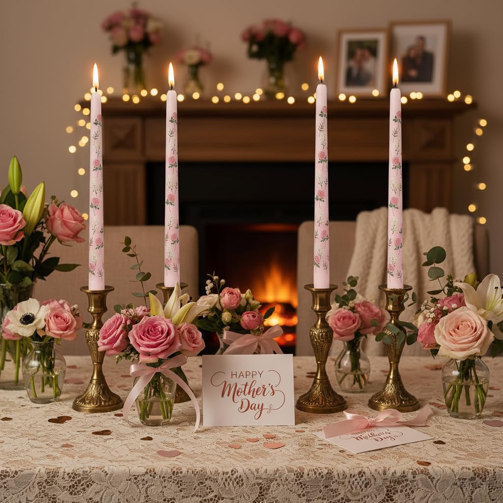 Rose Printed Taper Candle Smokeless- 4 Pack Handmade Pink Taper Candle - Dripless Uncented Candle 10 inches Long Flower Printed Tapered Candles for Mother's Day Home Wedding Restaurant Holiday Decor