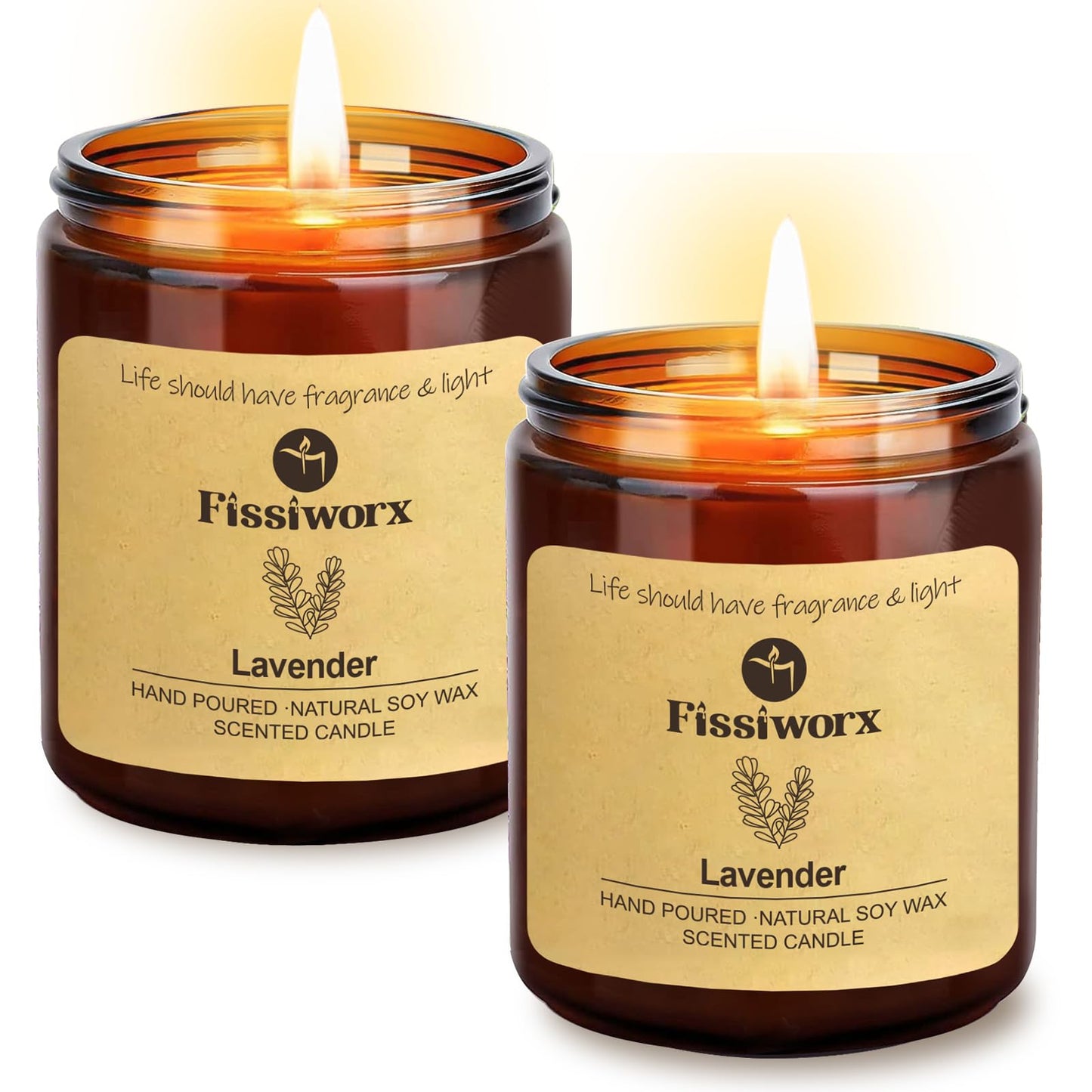 Fissiworx Lavender Scented Candle Set 2 Pack, Candle for Home Scented, Odor Eliminating, Stress Relief, 15oz, 110 Hours Long Lasting Candles, Soy Candle Set for Women