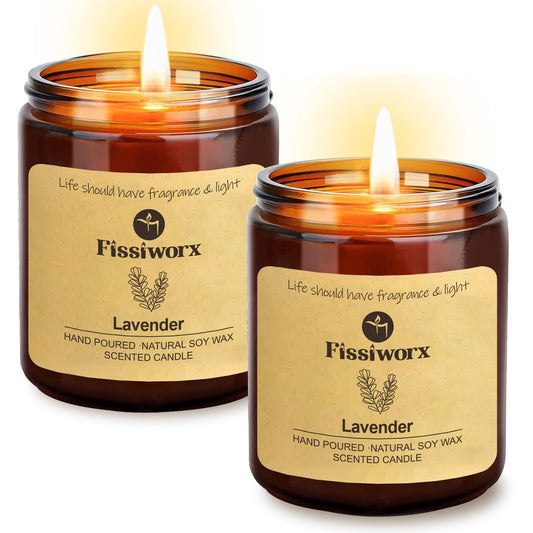 Fissiworx Lavender Scented Candle Set 2 Pack, Candle for Home Scented, Odor Eliminating, Stress Relief, 15oz, 110 Hours Long Lasting Candles, Soy Candle Set for Women