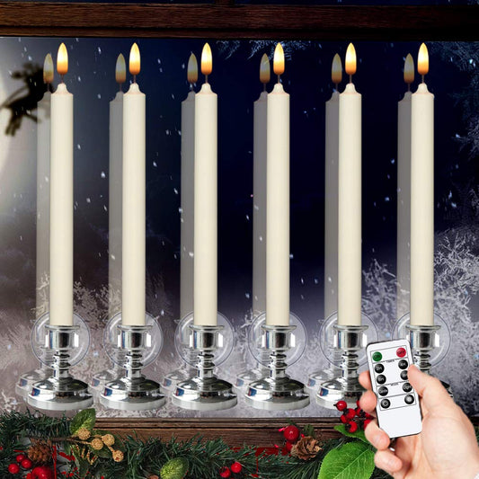 Wondise Flameless Window Candles with Remote & Timer, 10" Battery Operated 3D Wick LED Flickering Taper Candle for Christmas Decorations, Removable Silver Holder and Suction Cups Included(6 Pack)