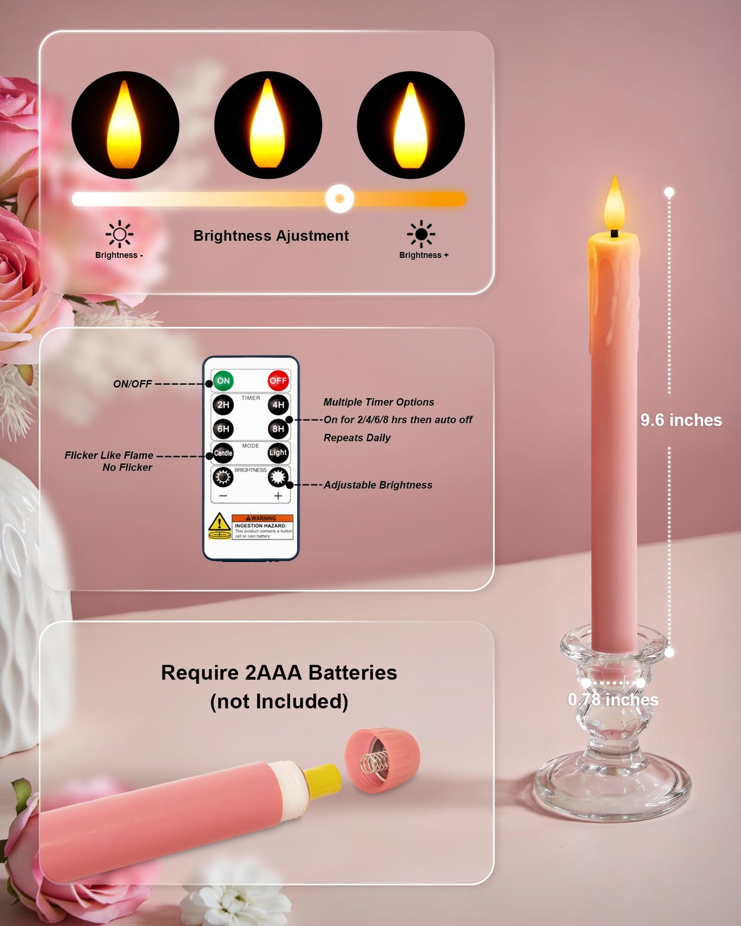 Homemory 6 Pcs Real Wax Pink Flameless Taper Candles with Remote Timer, 9.6 Inches LED Fake Candlesticks, LED Candle with 3D Flickering Flame for Romantic Wedding, Dinner, Xmas Anniversary Decor
