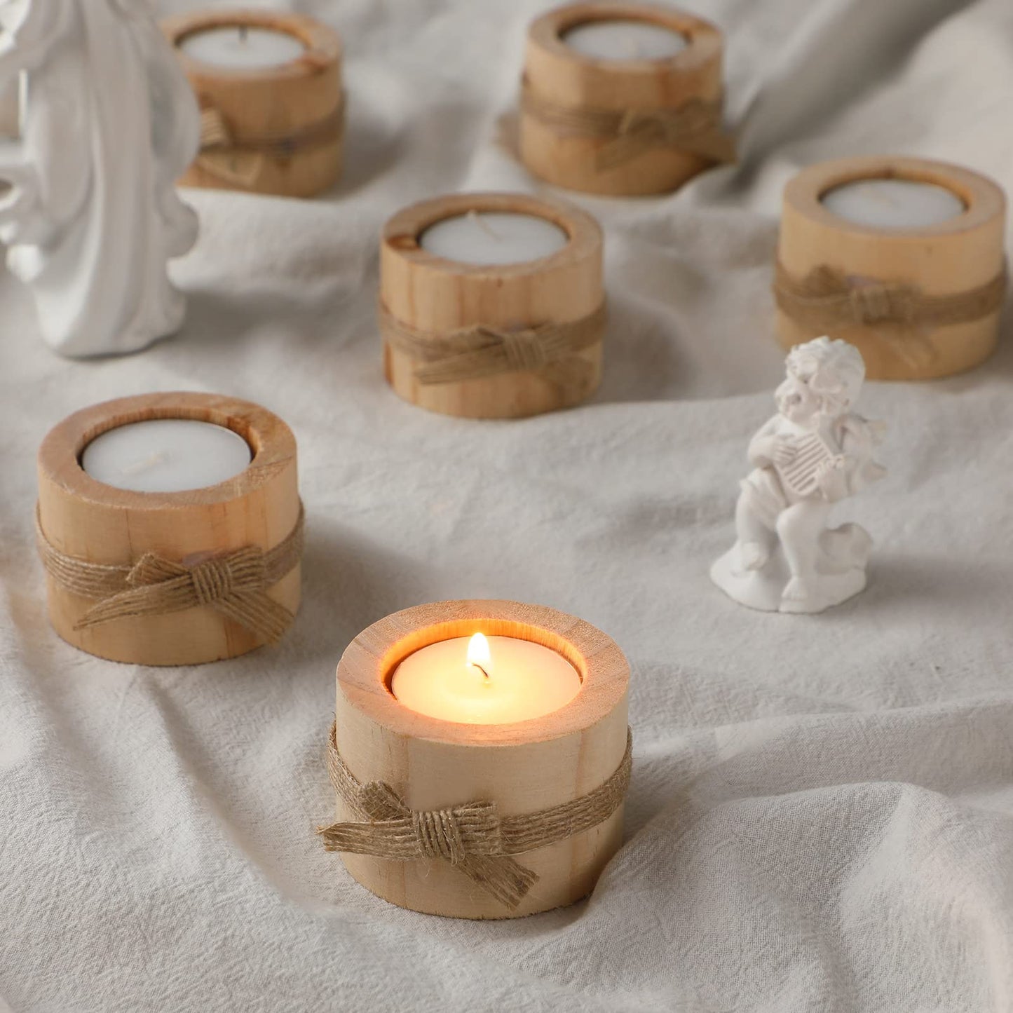 Wooden Tealight Candle Holder and Candles Handmade Votive Tea Light Candles for Rustic Wedding Baby Shower Favors Party Table Centerpieces Birthday Decoration (50 Pcs)
