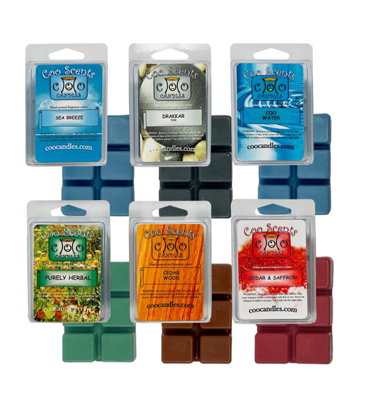 6 Pack Soy Blend Wickless Candle Scented Wax Melts Bars - Wax Cubes for Scented Wax melt Warmer - Man Cave Scents, Cool Water, Drakkar Cologne Type, Cedar & Saffron, & More! Made in the USA