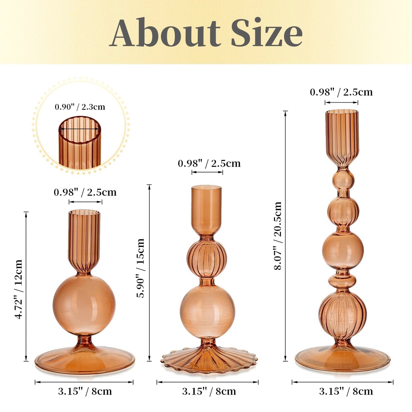 Hewory Glass Candlestick Holders Set: 3PCS Brown Candle Holder Taper Candle Holders Bulk, Crystal Ribbed Candle Sticks Holder Decor for Table Centerpiece Wedding Christmas Thanksgiving Dinner